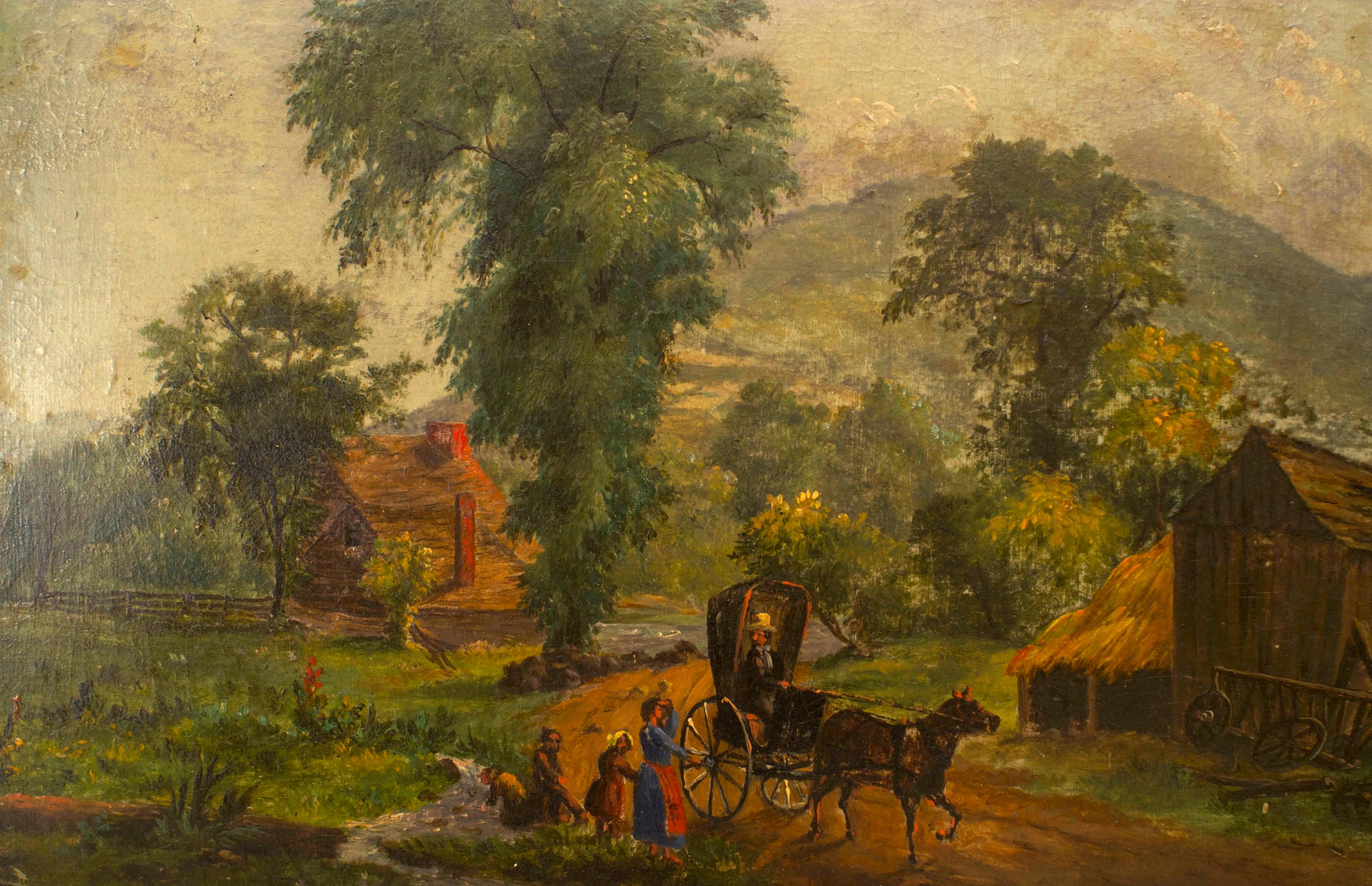 American Victorian gilt framed oil painting of country scene of man in carriage with horse and figures.