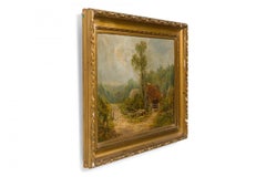 Victorian Oil Painting of Figures by Red Roofed House