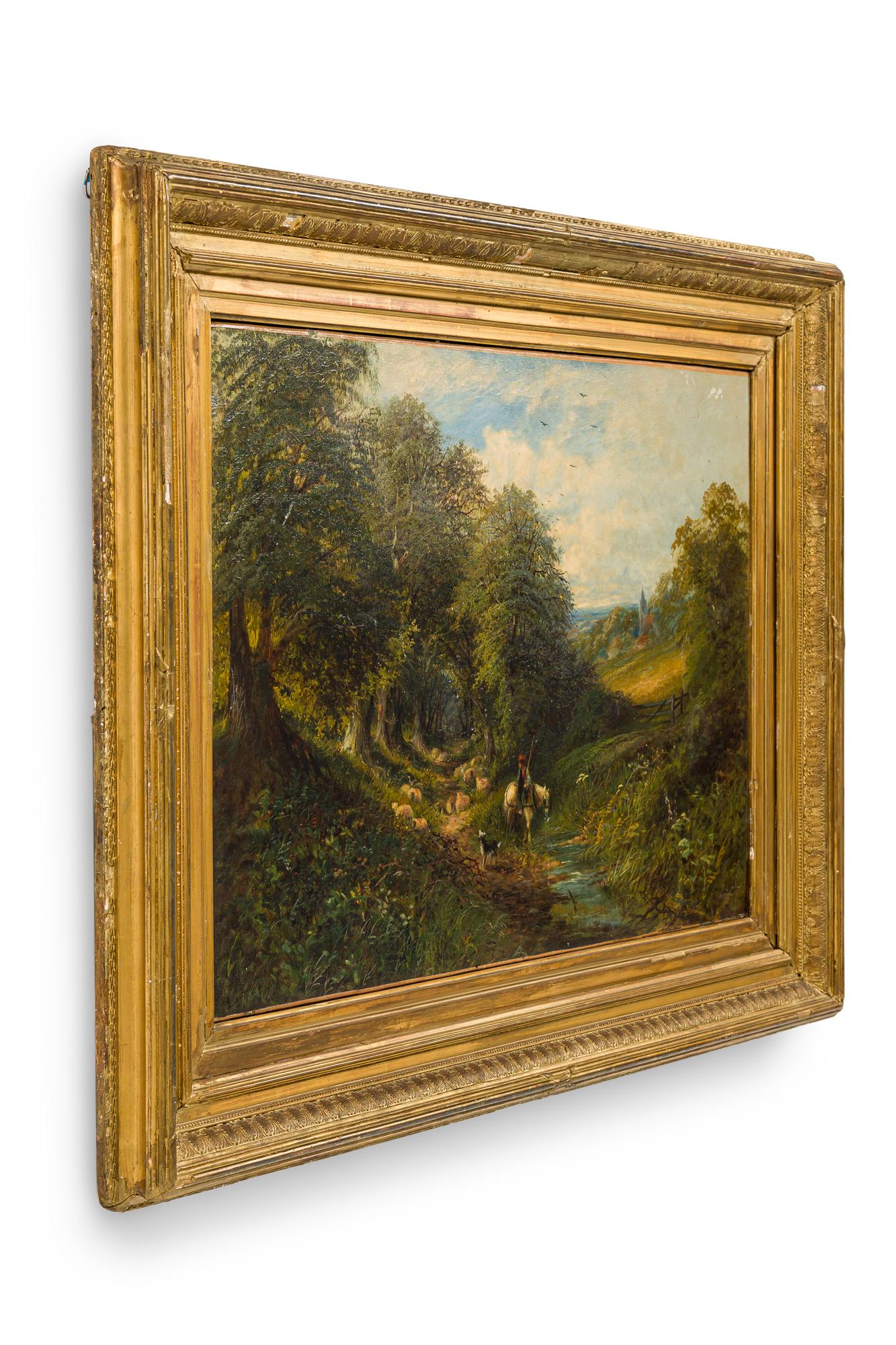 Quadro a olio con cornice dorata in stile vittoriano inglese raffigurante una scena pastorale di un uomo su un cavallo bianco con un cane vicino a un ruscello.