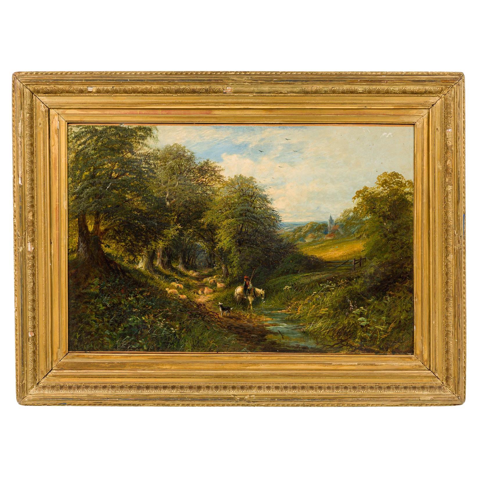 Pittura a olio vittoriana di uomo su cavallo bianco