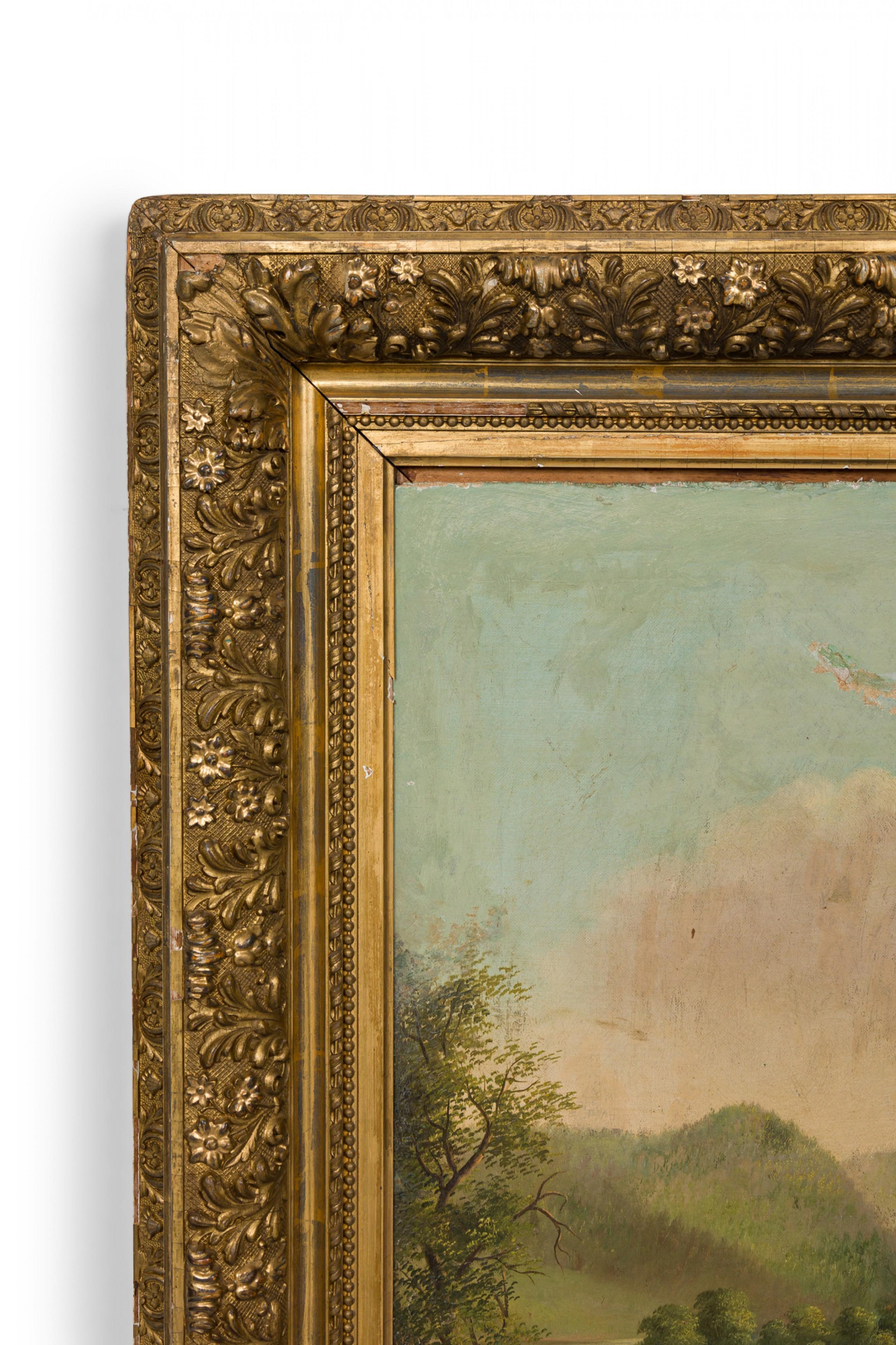 Hand-Carved Victorian Oil Painting of Man with Cows & Dog For Sale