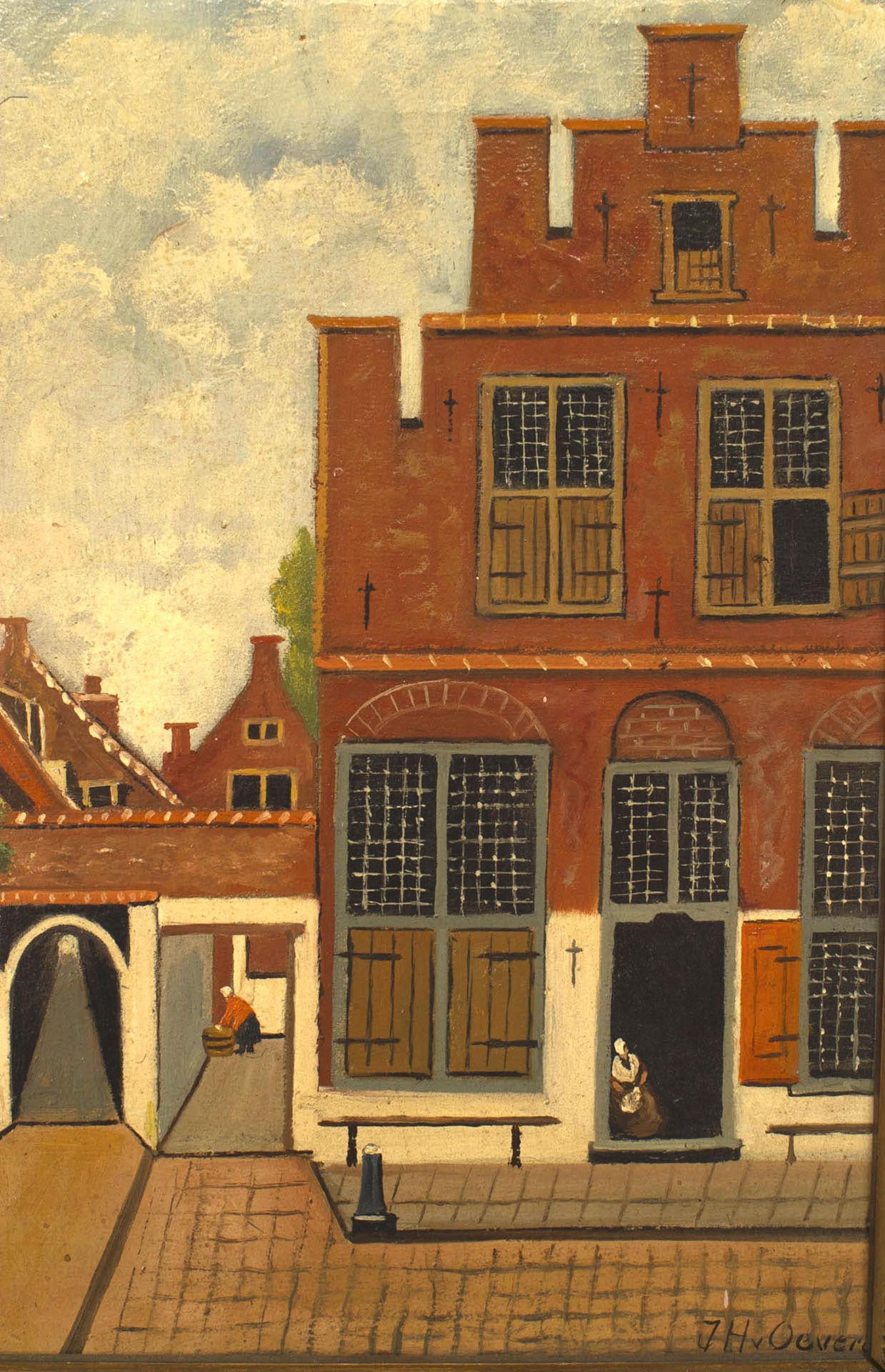 French Victorian Oil Painting of Red Building For Sale