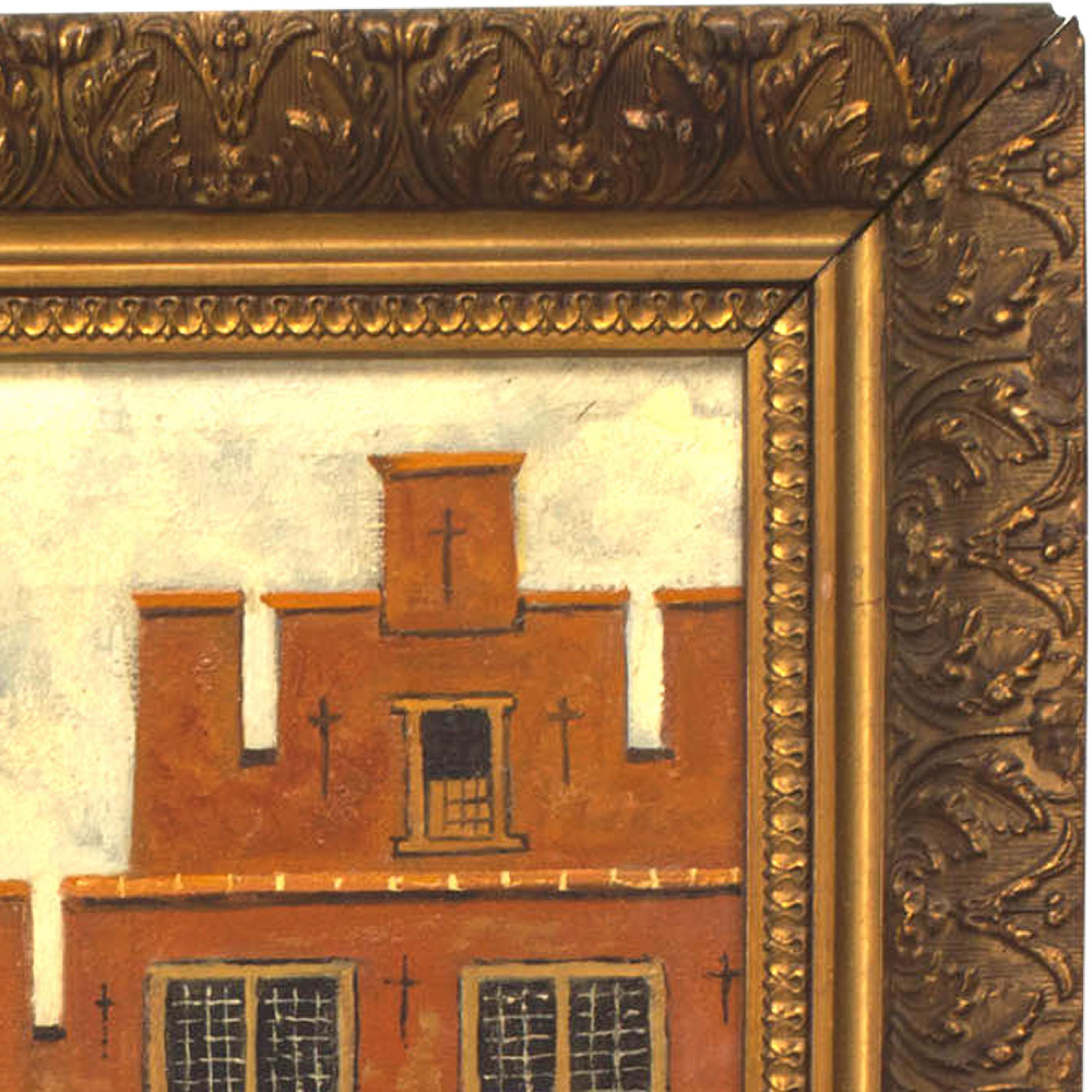 Hand-Painted Victorian Oil Painting of Red Building For Sale