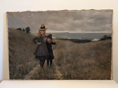 Victorian Oil Painting of Young Girls on a Beach