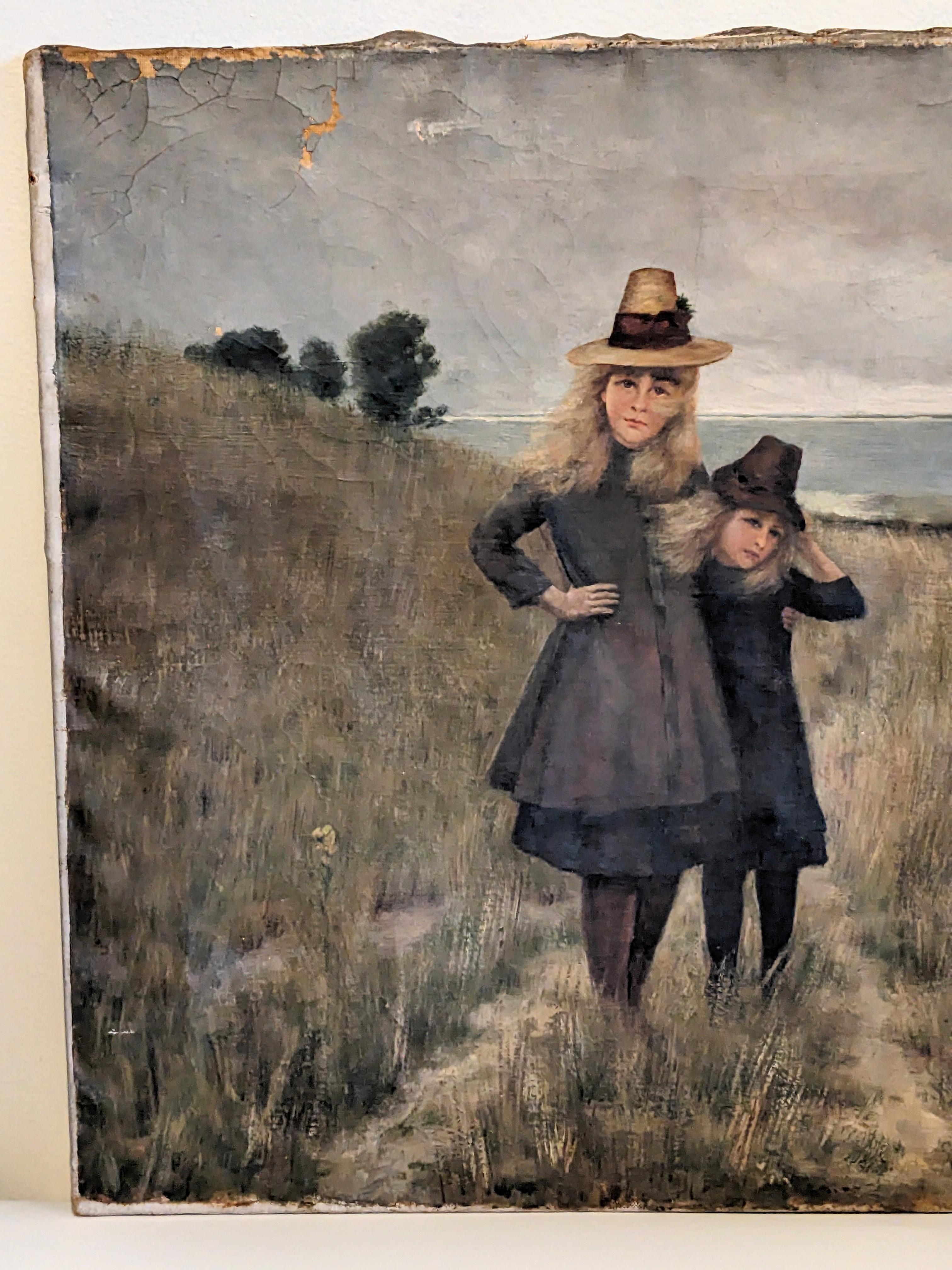 Vittoriano Pittura a olio vittoriana di giovani ragazze sulla spiaggia in vendita