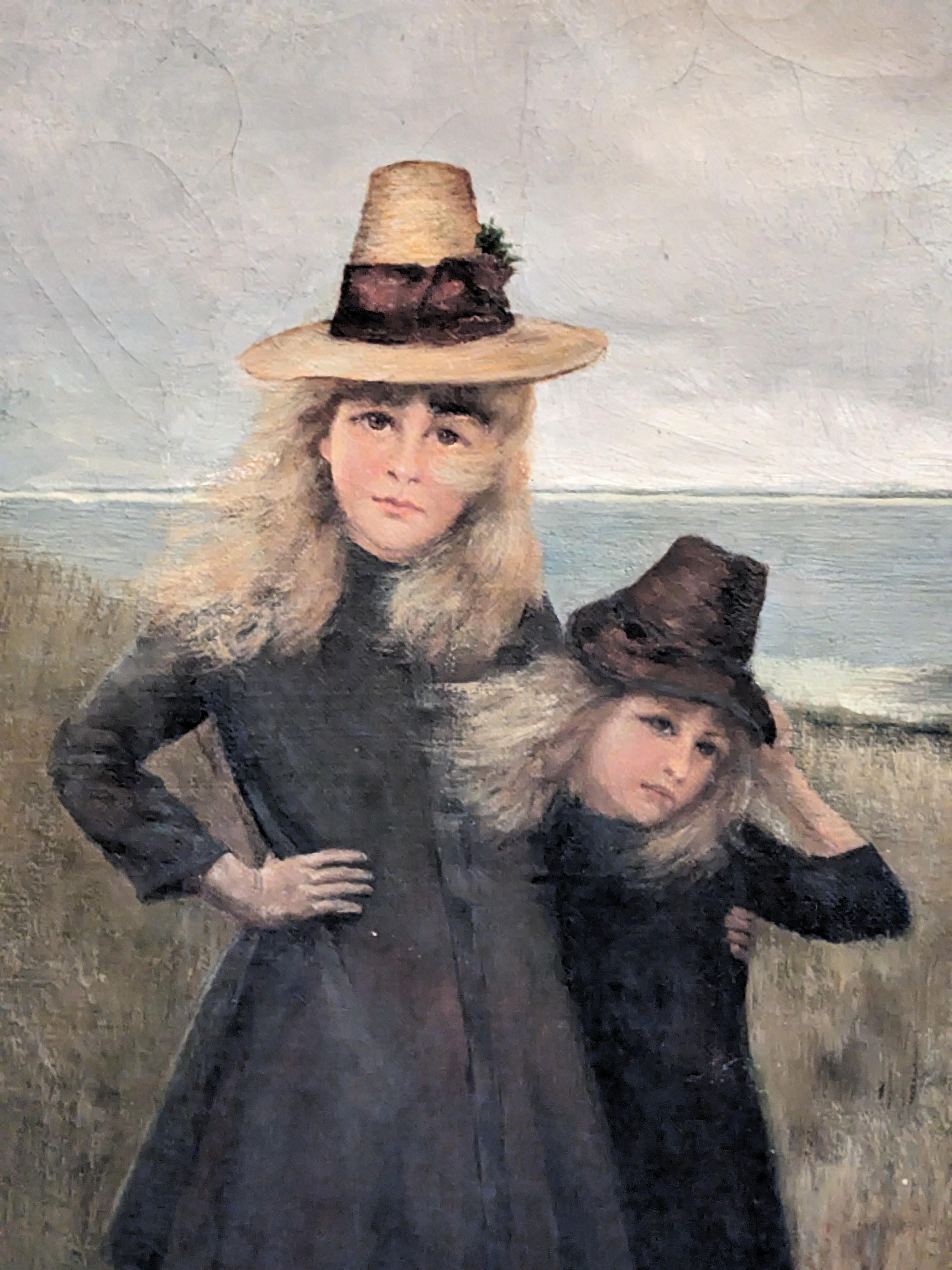 Pittura a olio vittoriana di giovani ragazze sulla spiaggia In condizioni buone in vendita a Riverdale, NY