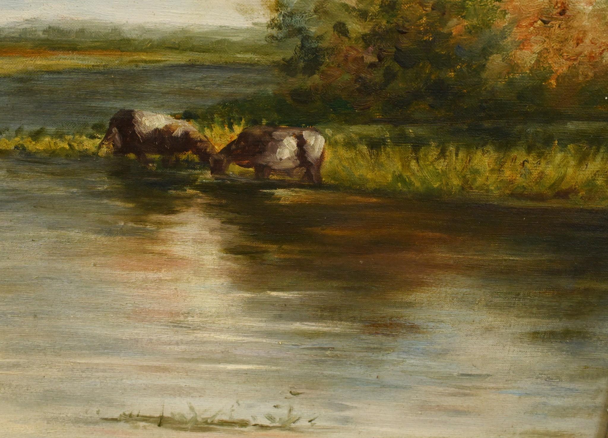 - Wunderschönes Ölgemälde im klassischen viktorianischen Stil mit einer pastoralen Flussszene
- Die Kühe genießen das kühle Wasser des Flusses
- Erinnert mich an einige Arbeiten von Constable
- Sehr stimmungsvoller Himmel und geschickte