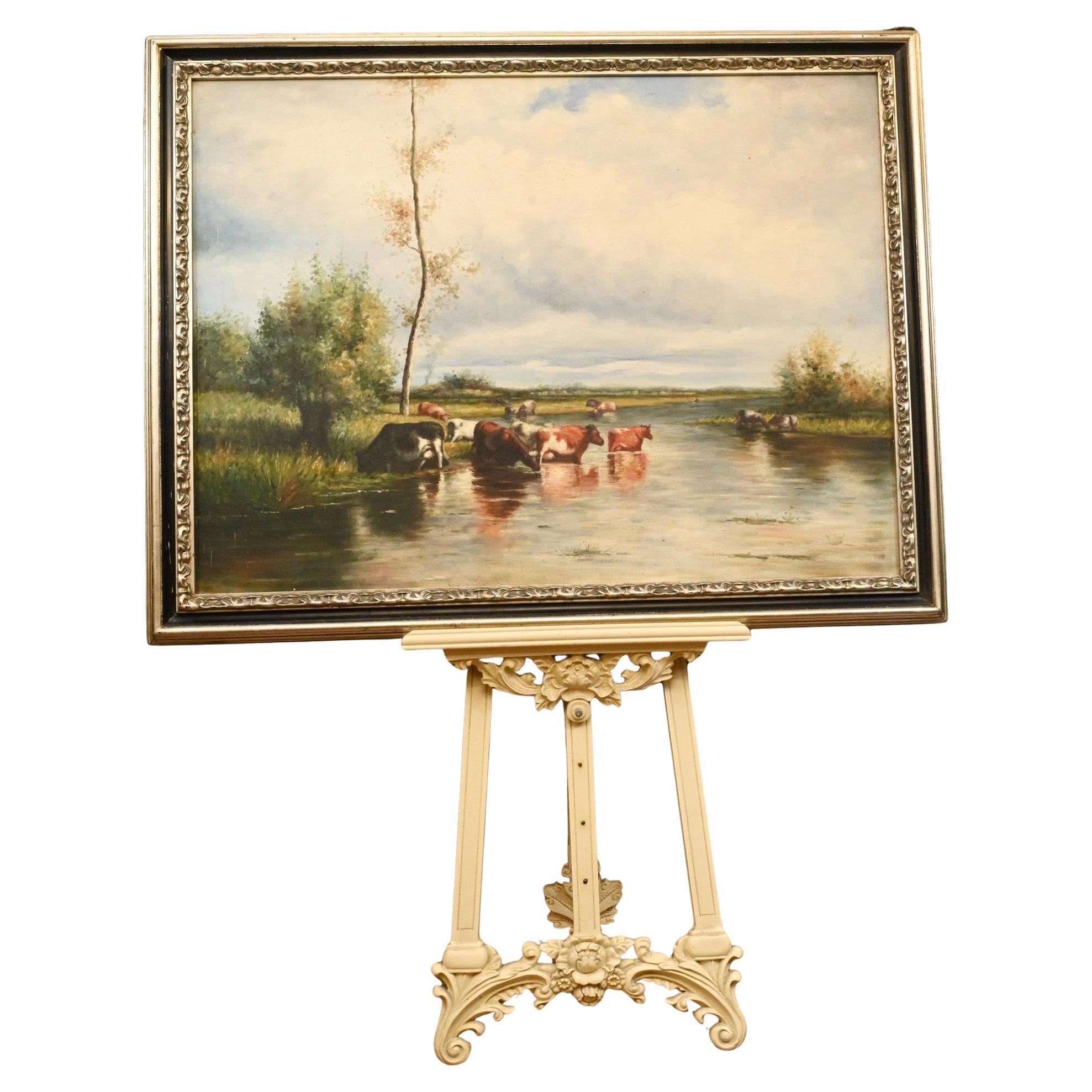Pintura al óleo victoriana Pastoral Escena fluvial Paisaje Constable