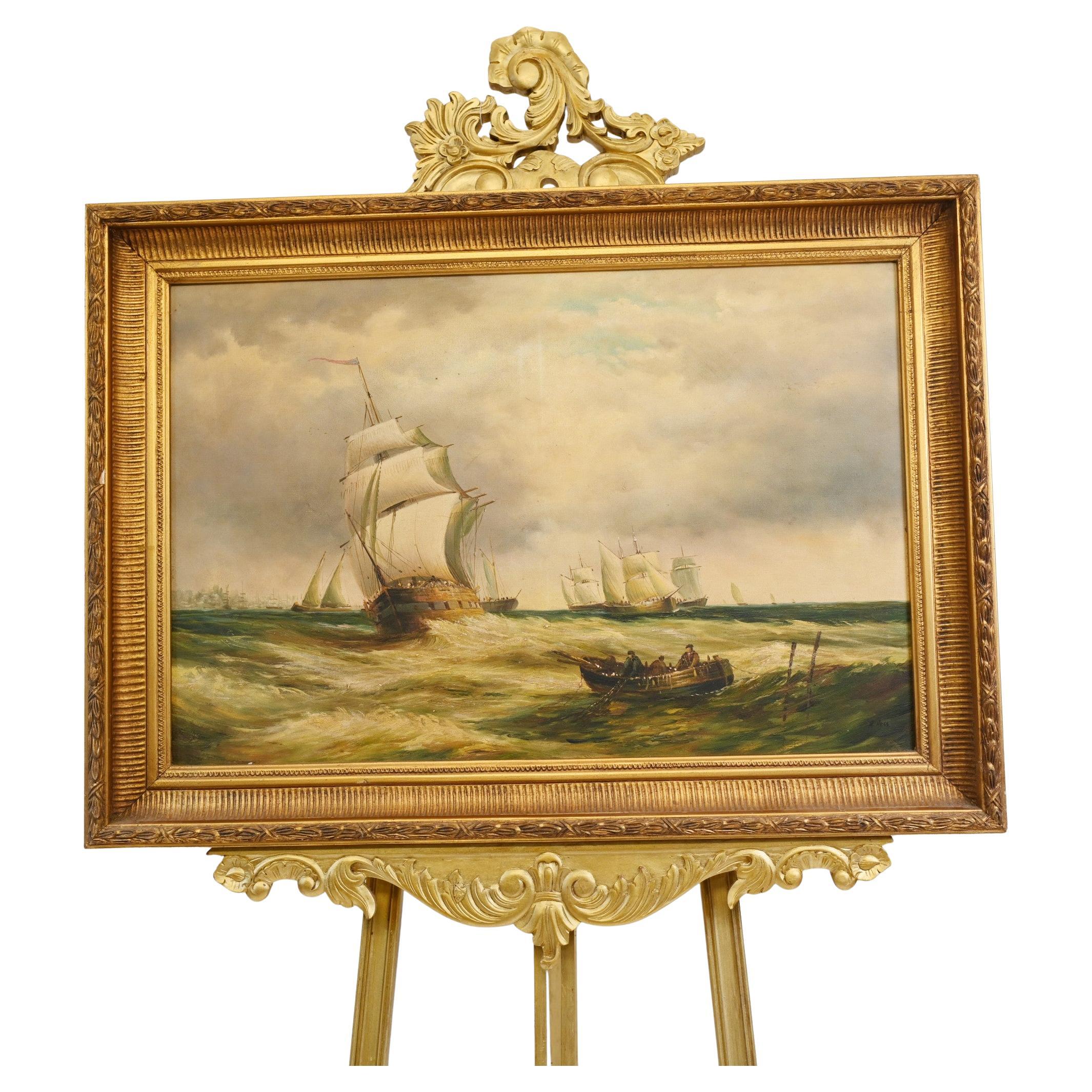 Viktorianisches Ölgemälde Seelandschaft Maritimes Galeonenschiff Signiert A HESS