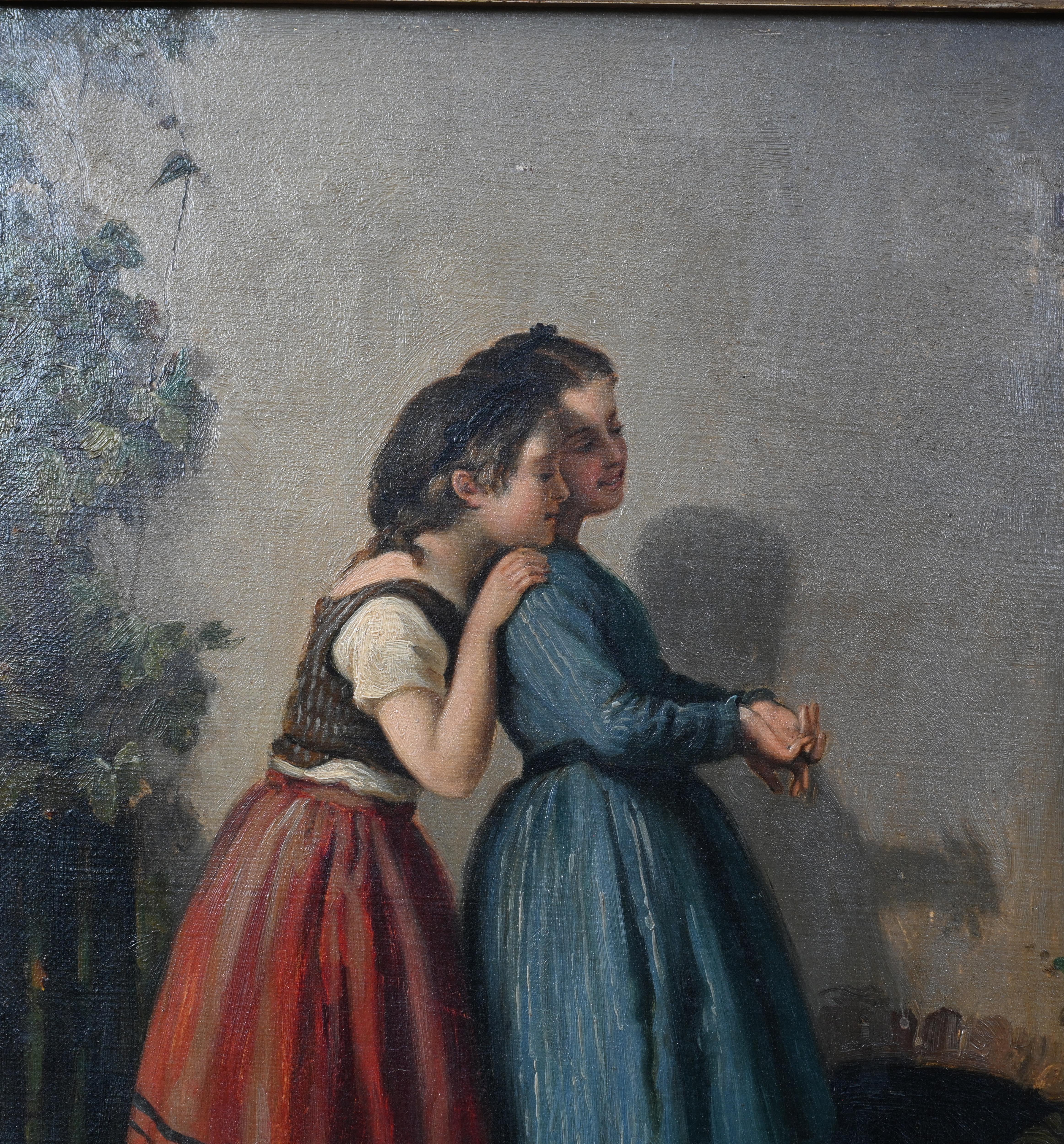 Estás viendo un óleo victoriano de un retrato de dos chicas jóvenes
El artista ha captado realmente la vivacidad de la escena con gran habilidad, las pinceladas son increíblemente detalladas
Alrededor de 1880
El fondo presenta una pared neutra con