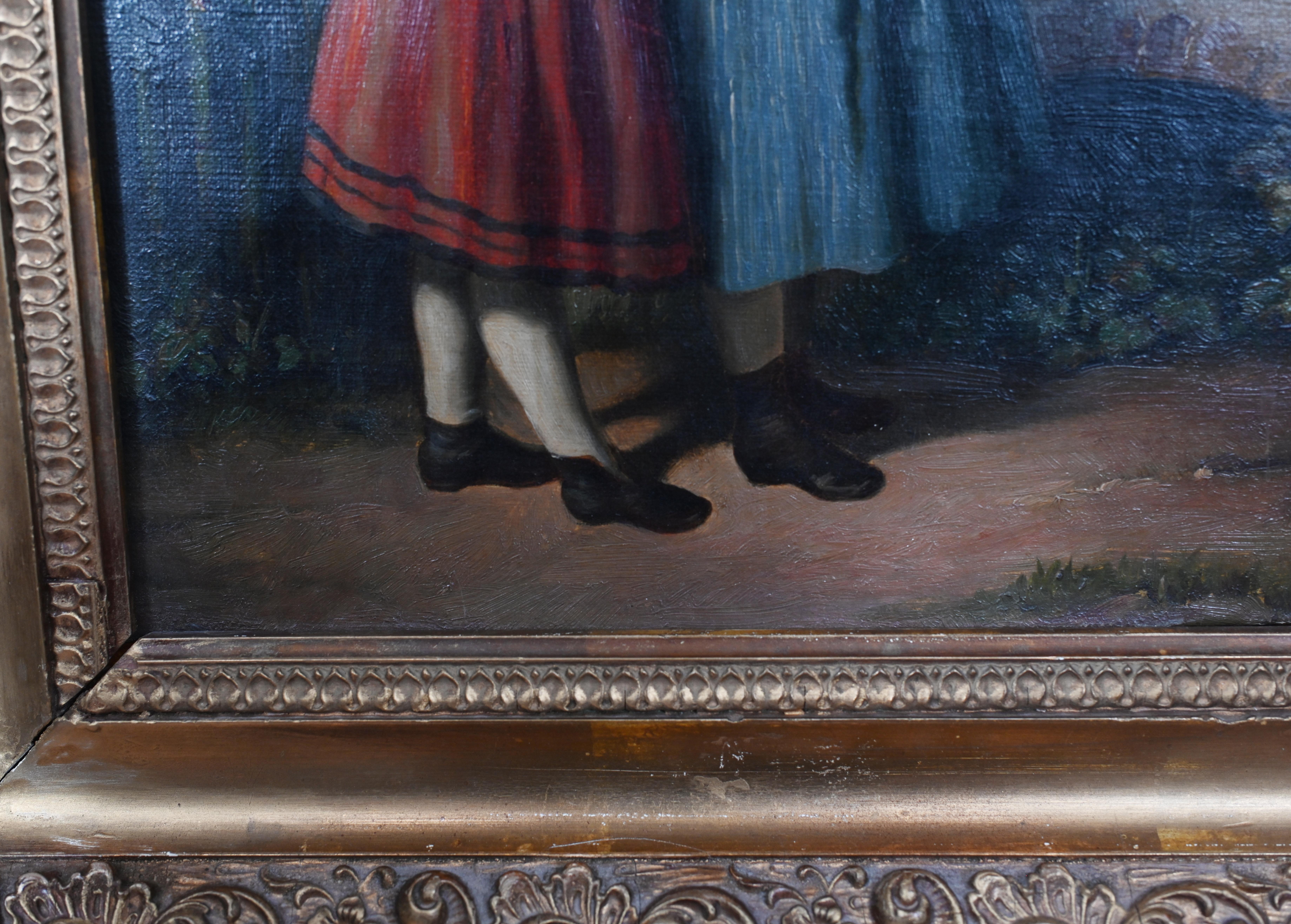 Pintura al Óleo Victoriana Dos Niñas Retrato Niños 1880 Fines del siglo XIX en venta