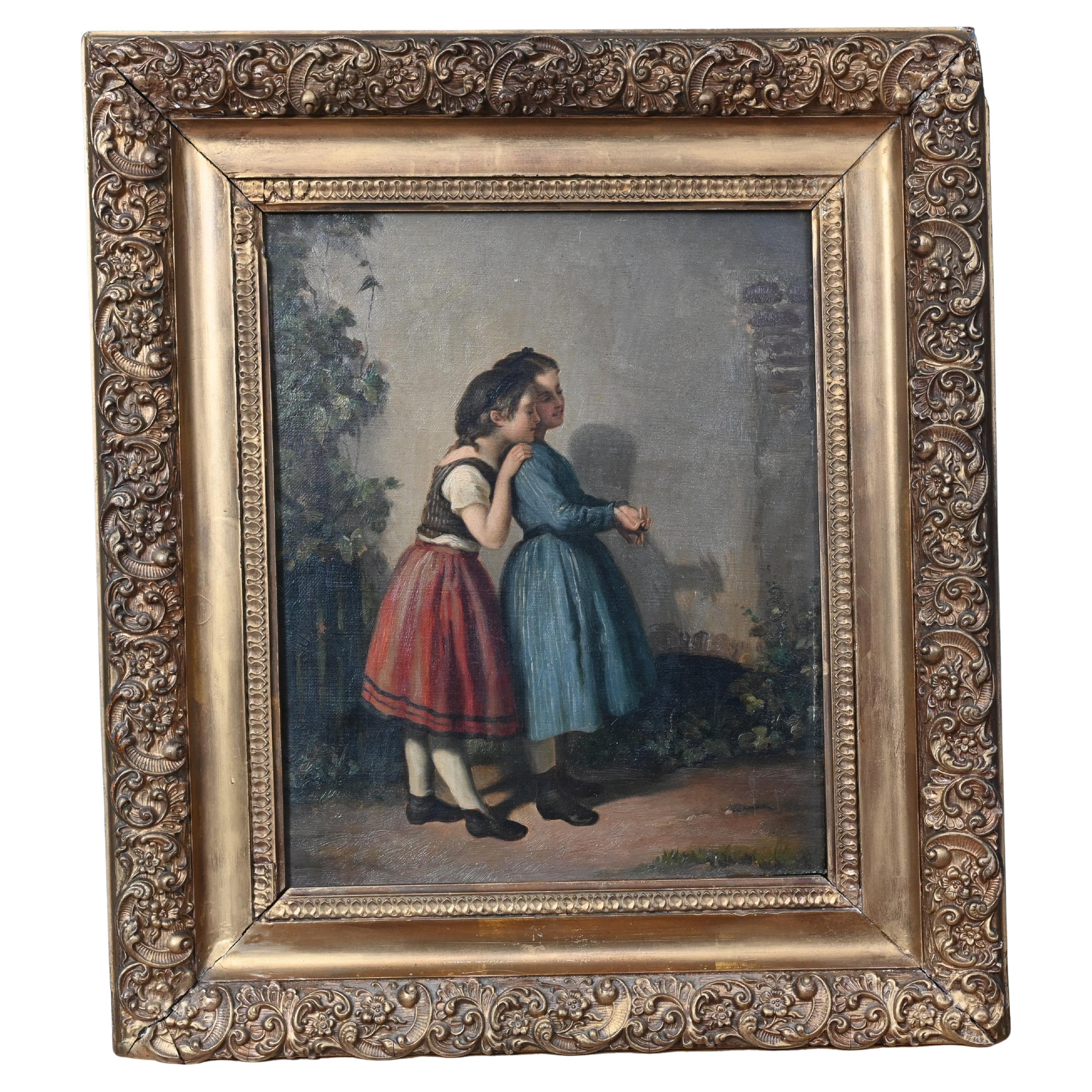 Peinture à l'huile de l'époque victorienne Deux filles Portrait Enfants 1880