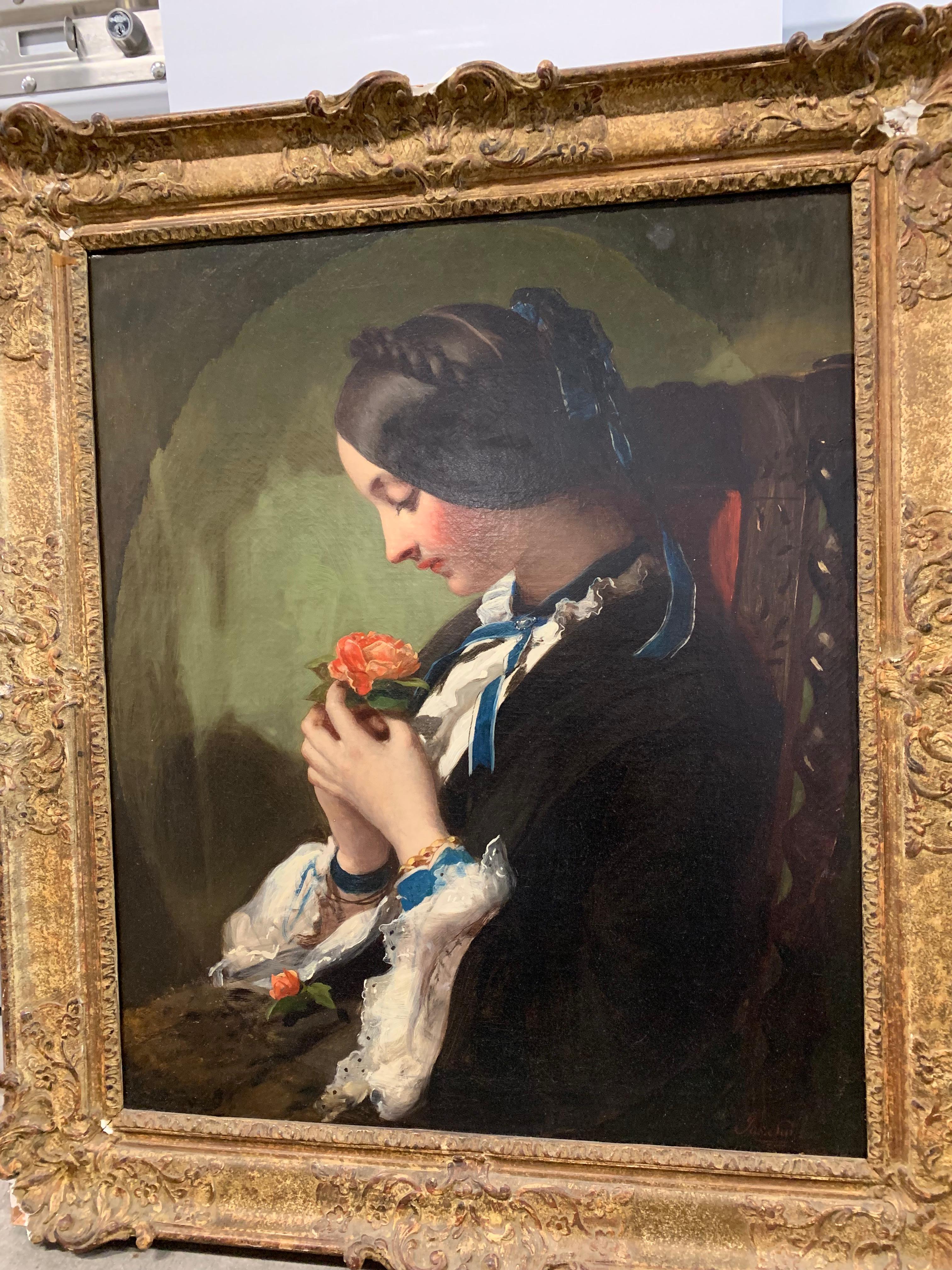 19th Century Victorian Oil Painting, Woman with a Rose, James Sant For Sale