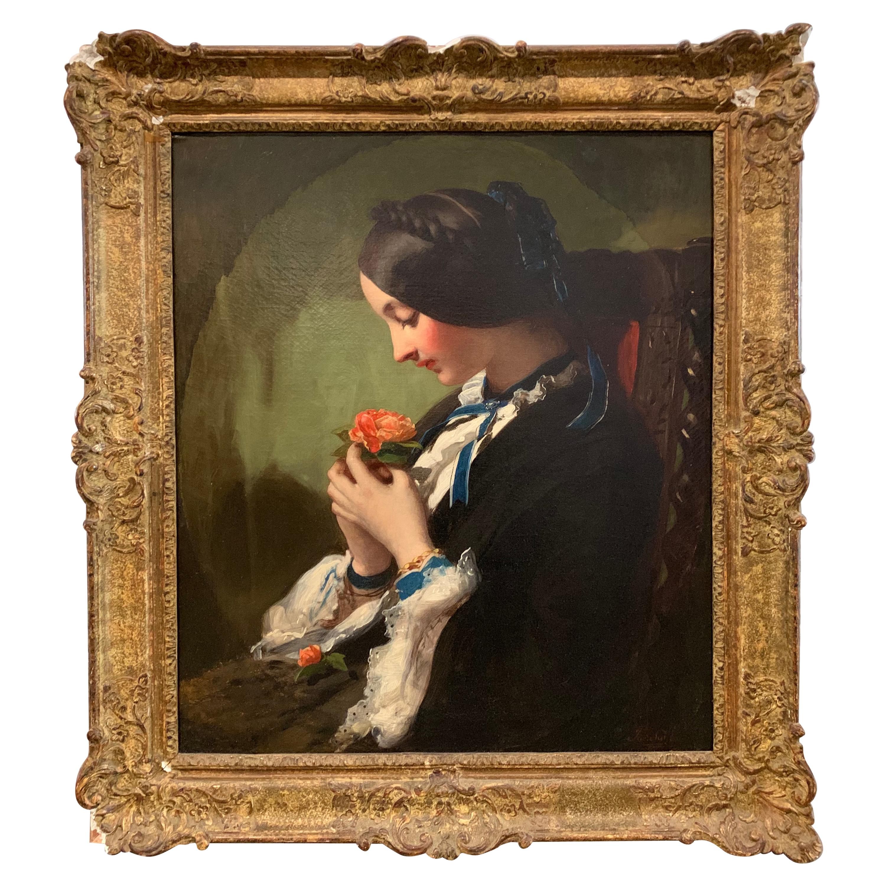 Victorian Oil Painting, Woman with a Rose, James Sant For Sale
