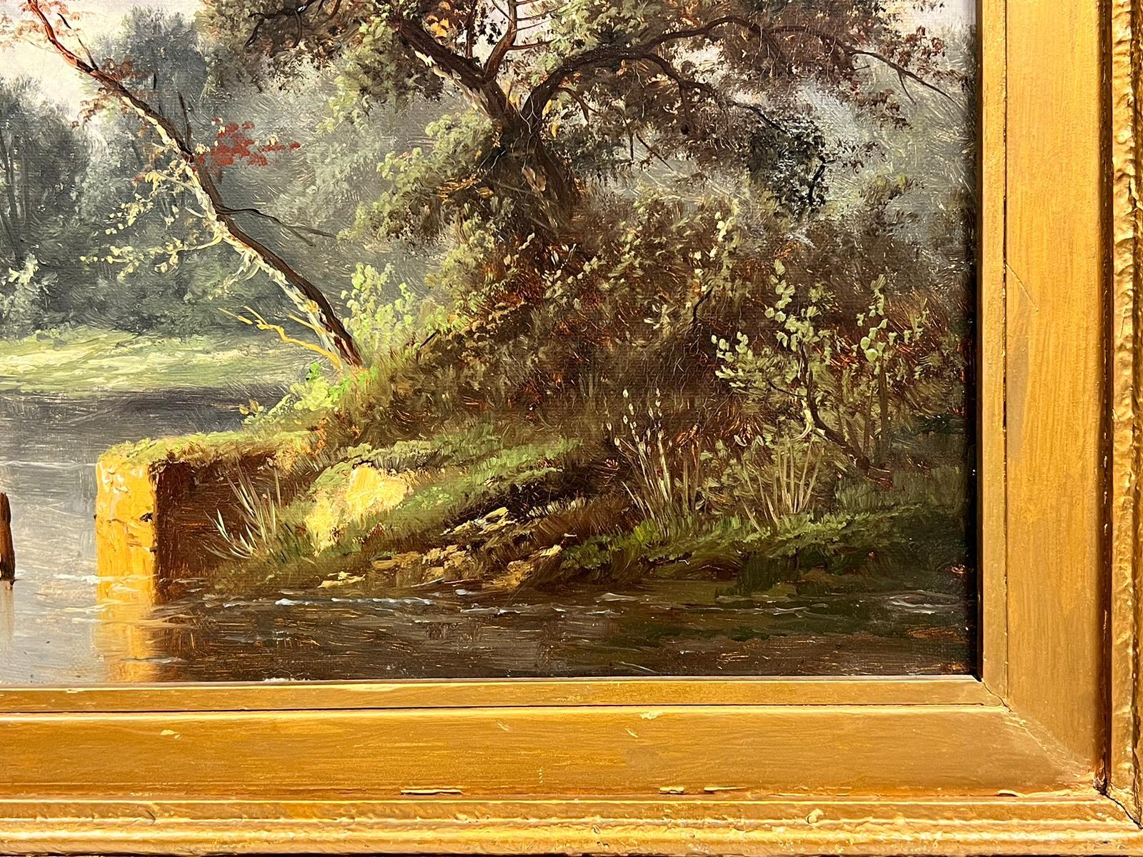 19th Century English Oil Painting Tranquil River Landscape in Gilt Frame 2