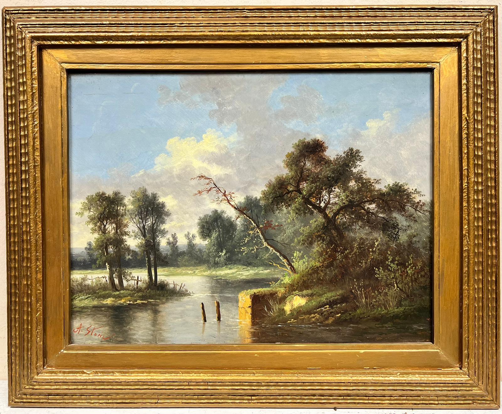 Victorian Oil Landscape Painting - 19th Century English Oil Painting Tranquil River Landscape in Gilt Frame