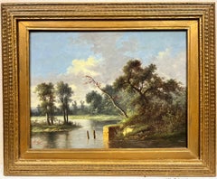 19th Century English Oil Painting Tranquil River Landscape in Gilt Frame
