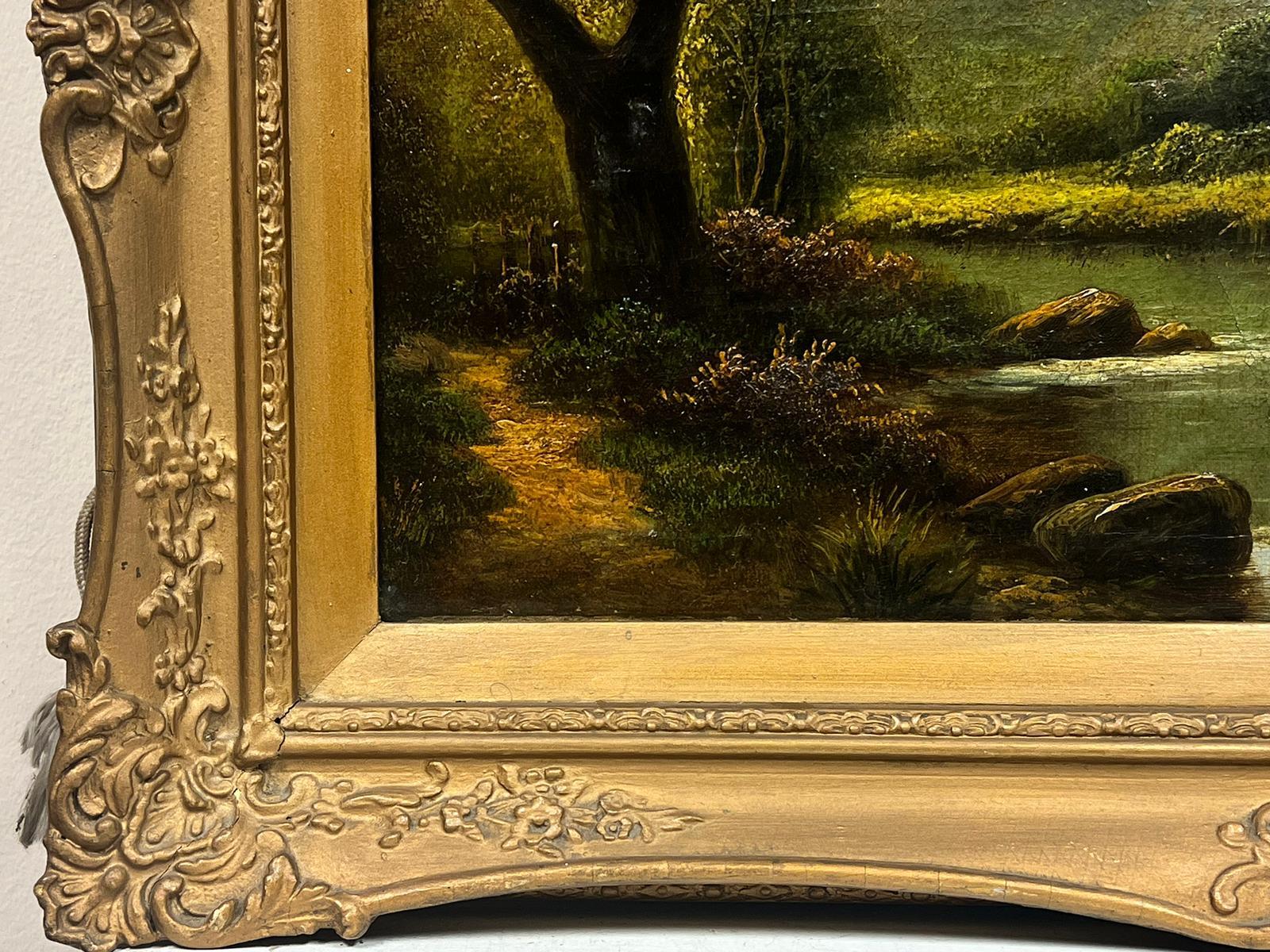Antique British Oil Painting Tranquil Lake Landscape in Gilt Frame, warm colors 1