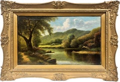 Antique British Oil Painting Tranquil Lake Landscape in Gilt Frame, warm colors