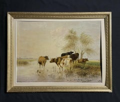 Cattle Watering Tranquil Pastures Signed 19th century English Oil Painting