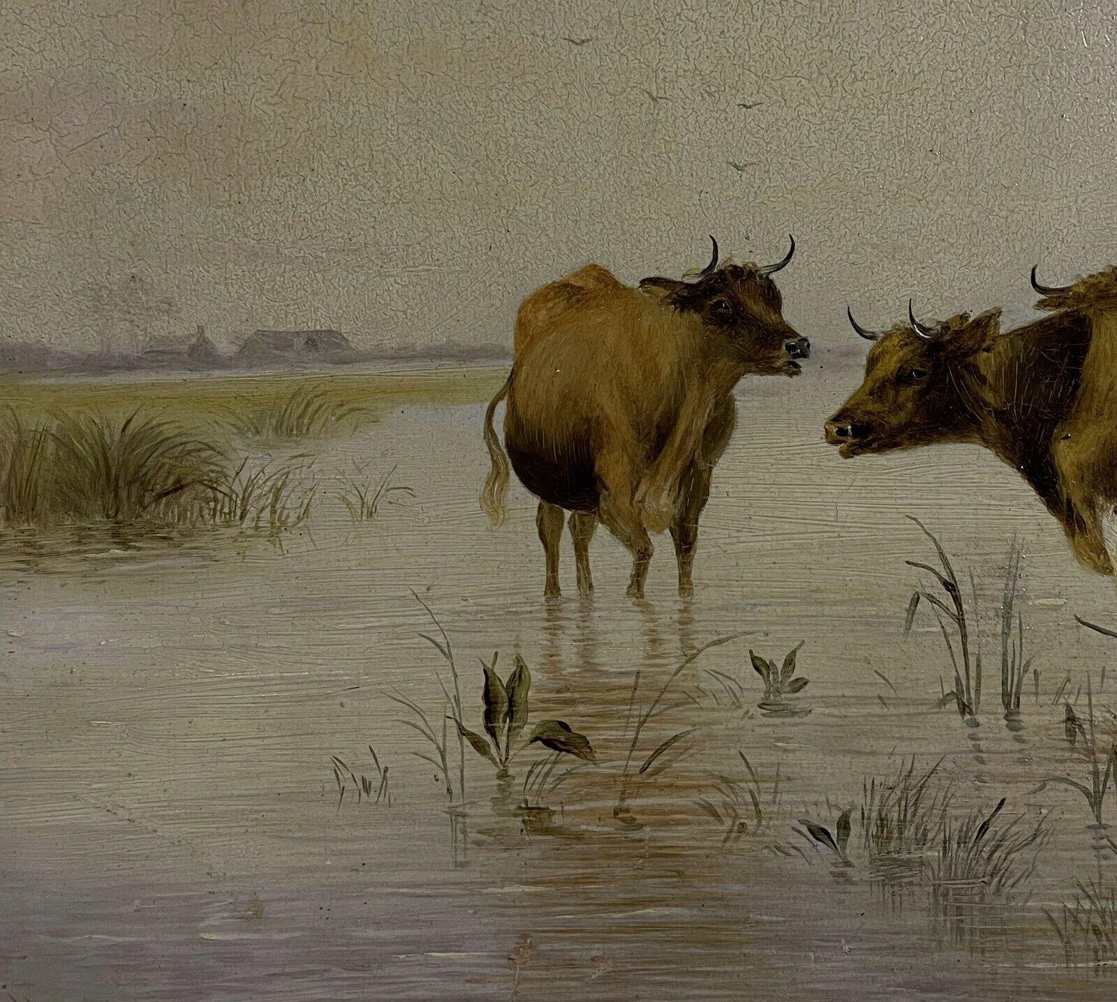 Cattle Watering Tranquil Pastures Signed 19th century English Oil Painting - Brown Animal Painting by Victorian Oil