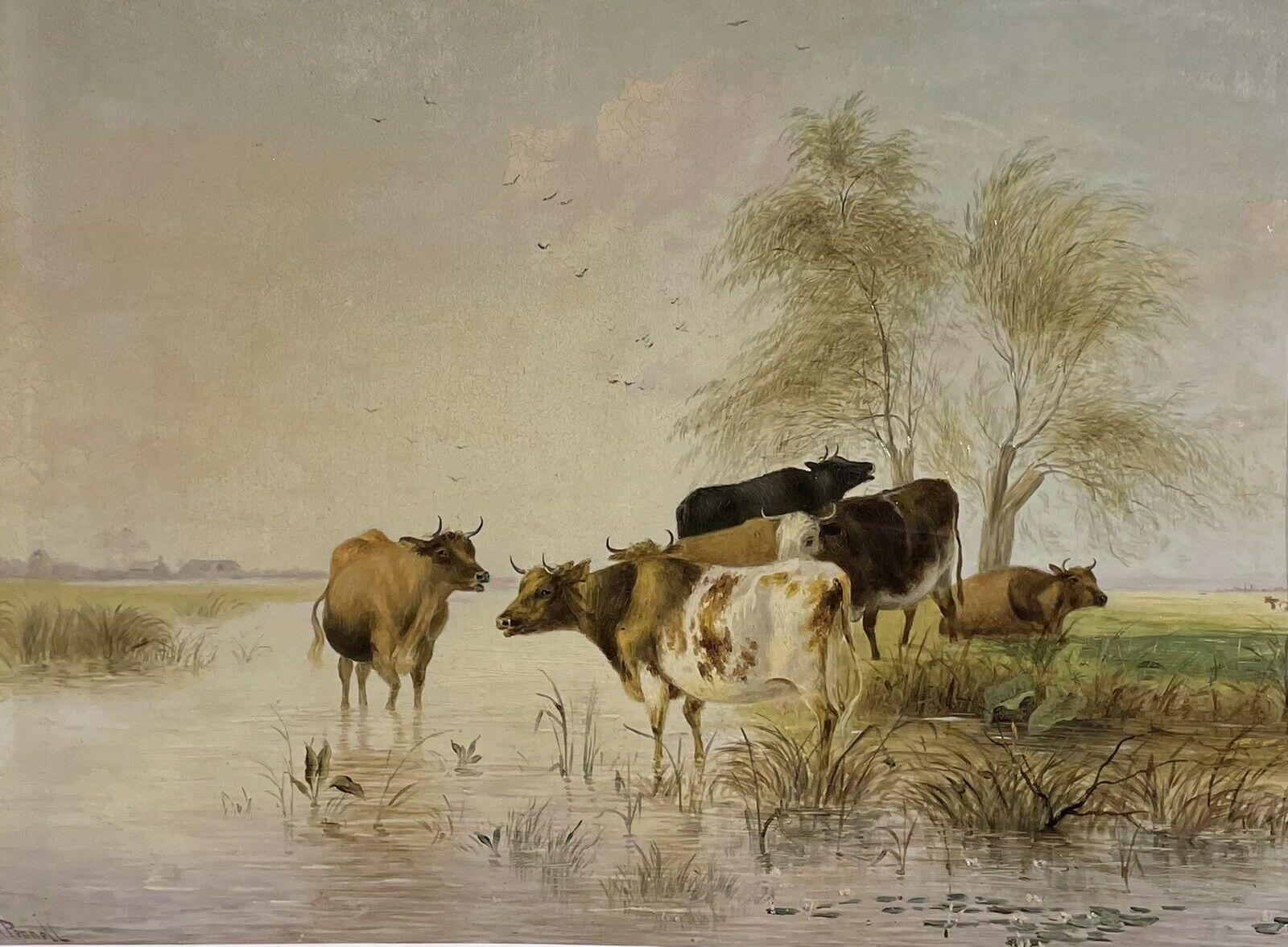 Victorian Oil Animal Painting - Cattle Watering Tranquil Pastures Signed 19th century English Oil Painting