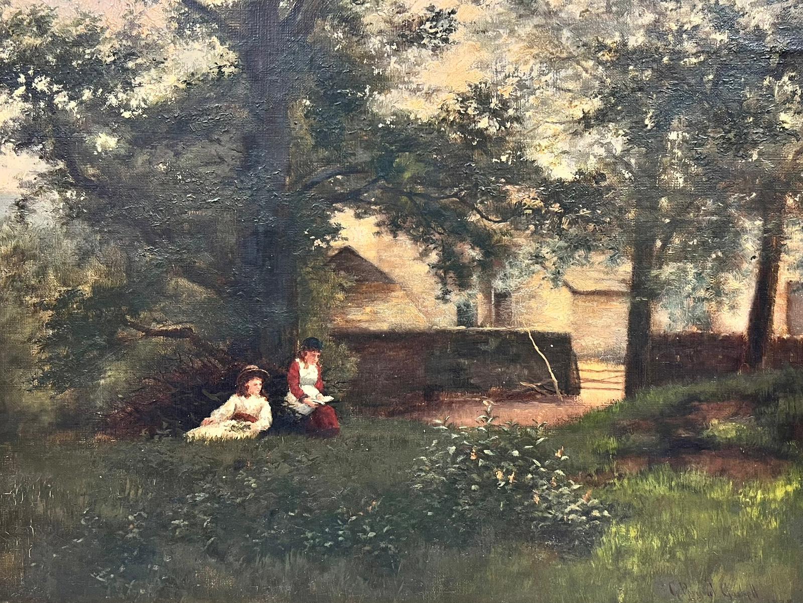 Signed Victorian Oil Two Girls Sitting under Tree Rural Farm Landscape 1888 1