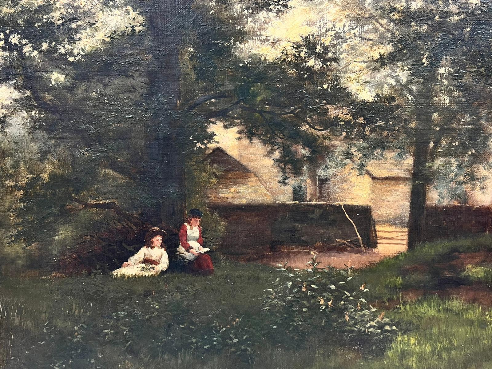 Signed Victorian Oil Two Girls Sitting under Tree Rural Farm Landscape 1888 3