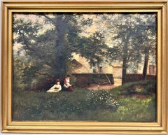 Signed Victorian Oil Two Girls Sitting under Tree Rural Farm Landscape 1888