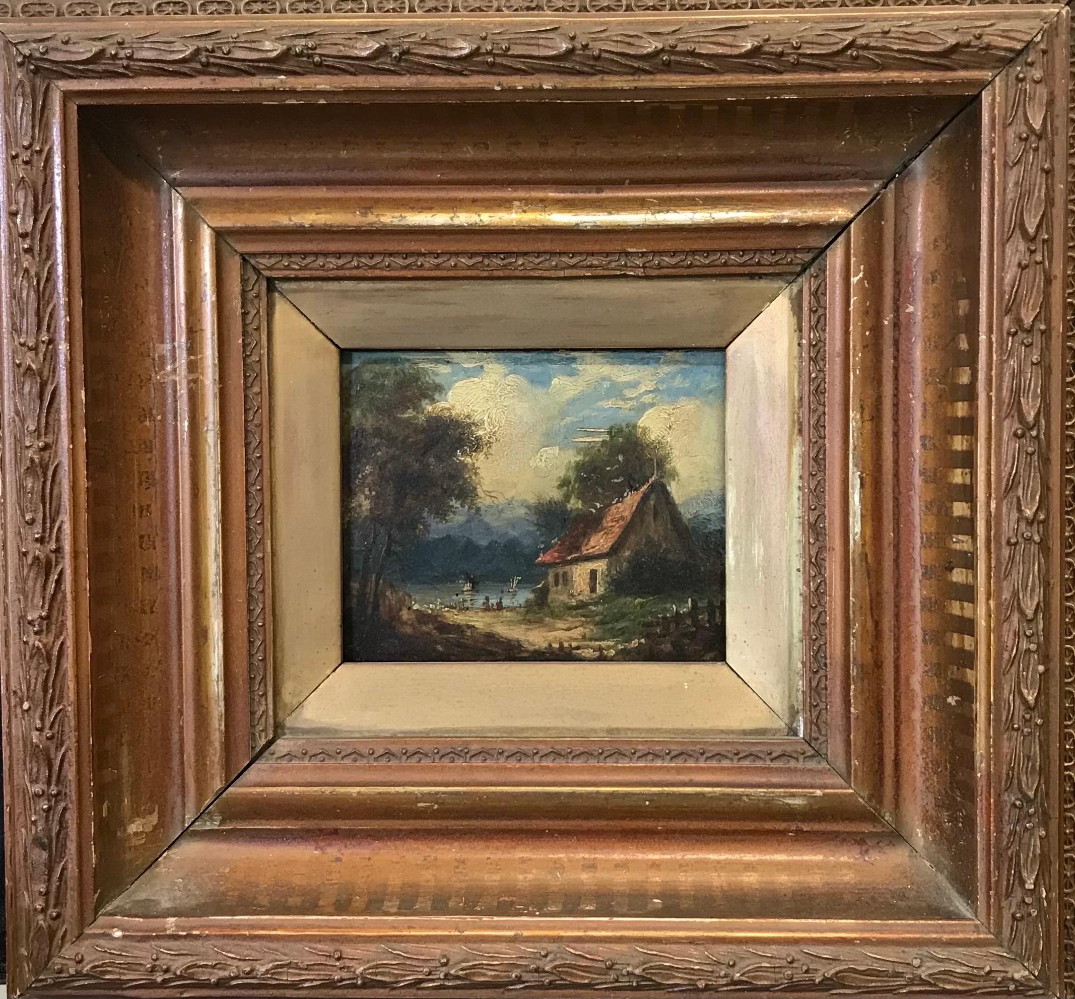 Victorian Oil Painting Cottage & Figures by Highland Lake Scene Landscape 1