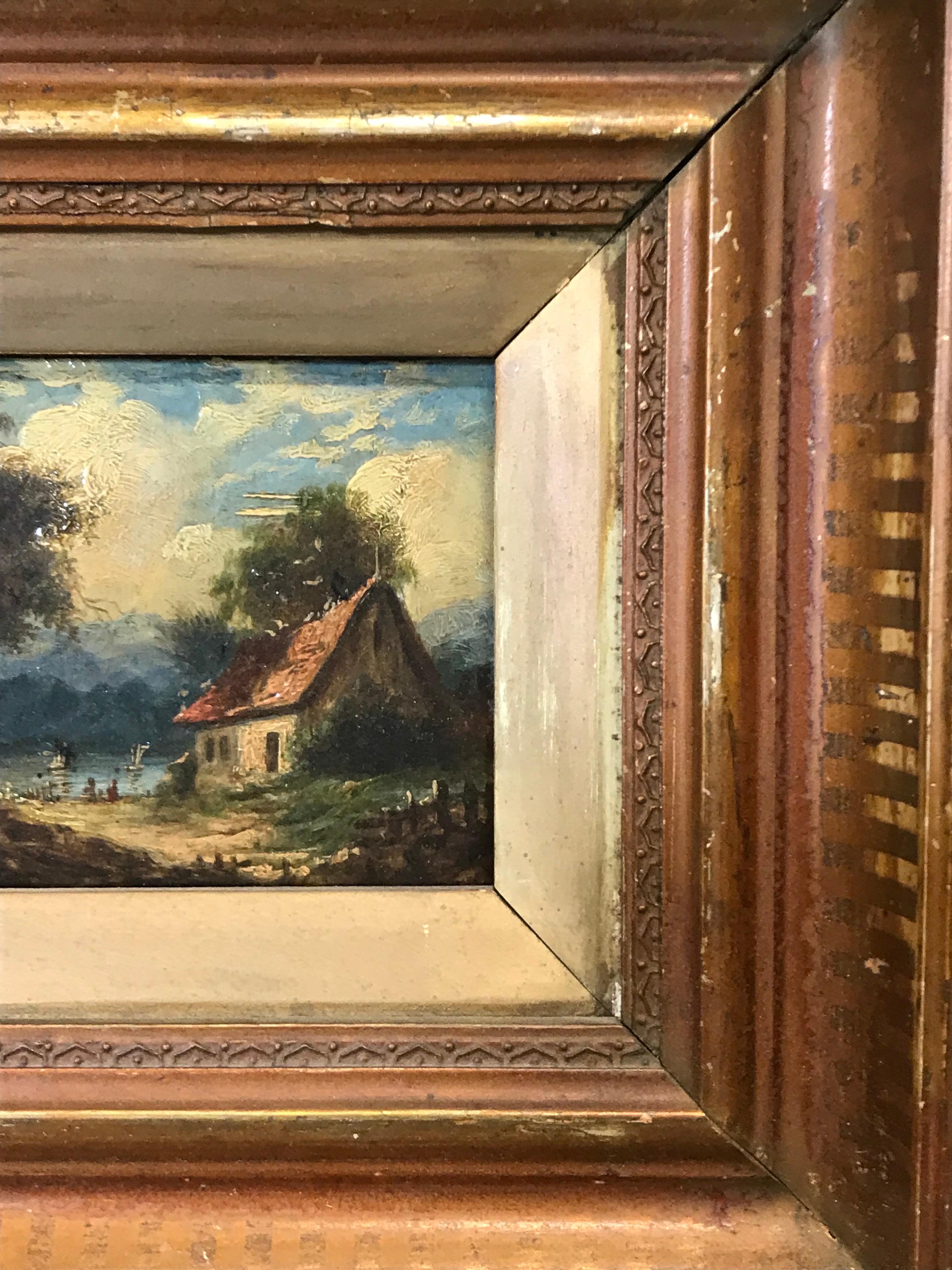 Victorian Oil Painting Cottage & Figures by Highland Lake Scene Landscape 2