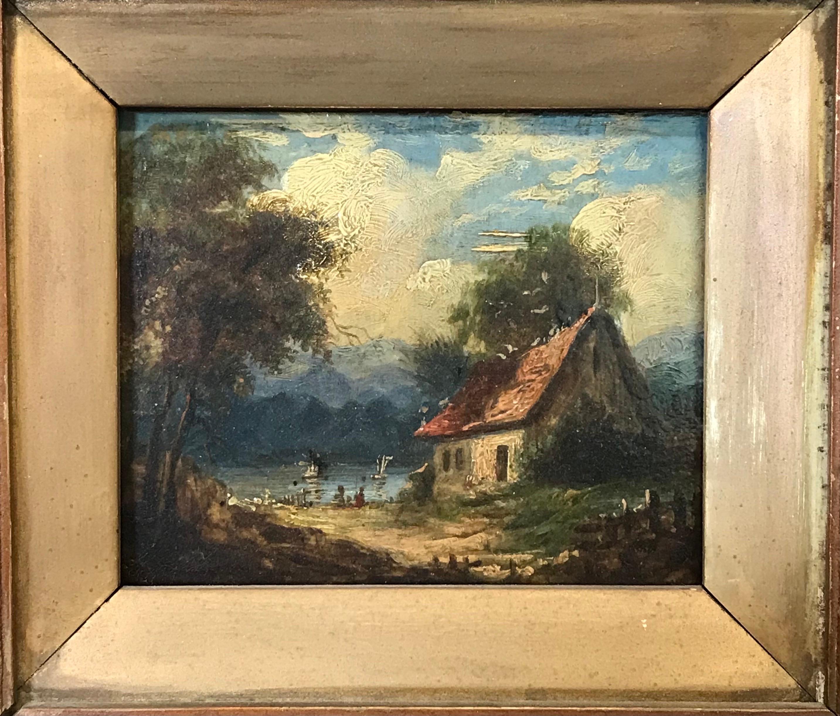 Victorian Oil Painting Cottage & Figures by Highland Lake Scene Landscape 3