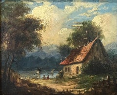 Victorian Oil Painting Cottage & Figures by Highland Lake Scene Landscape