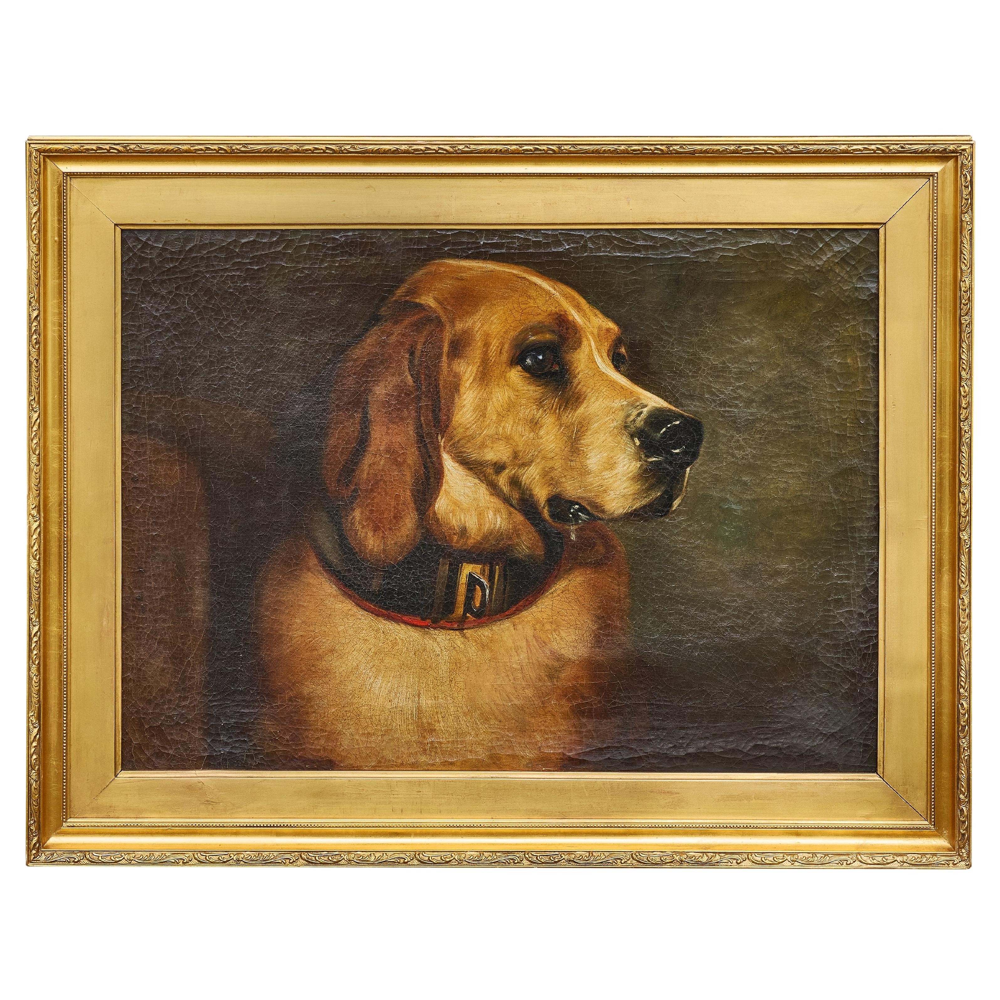 Ritratto a olio vittoriano di un segugio intitolato Odino, dopo Landseer, 1875