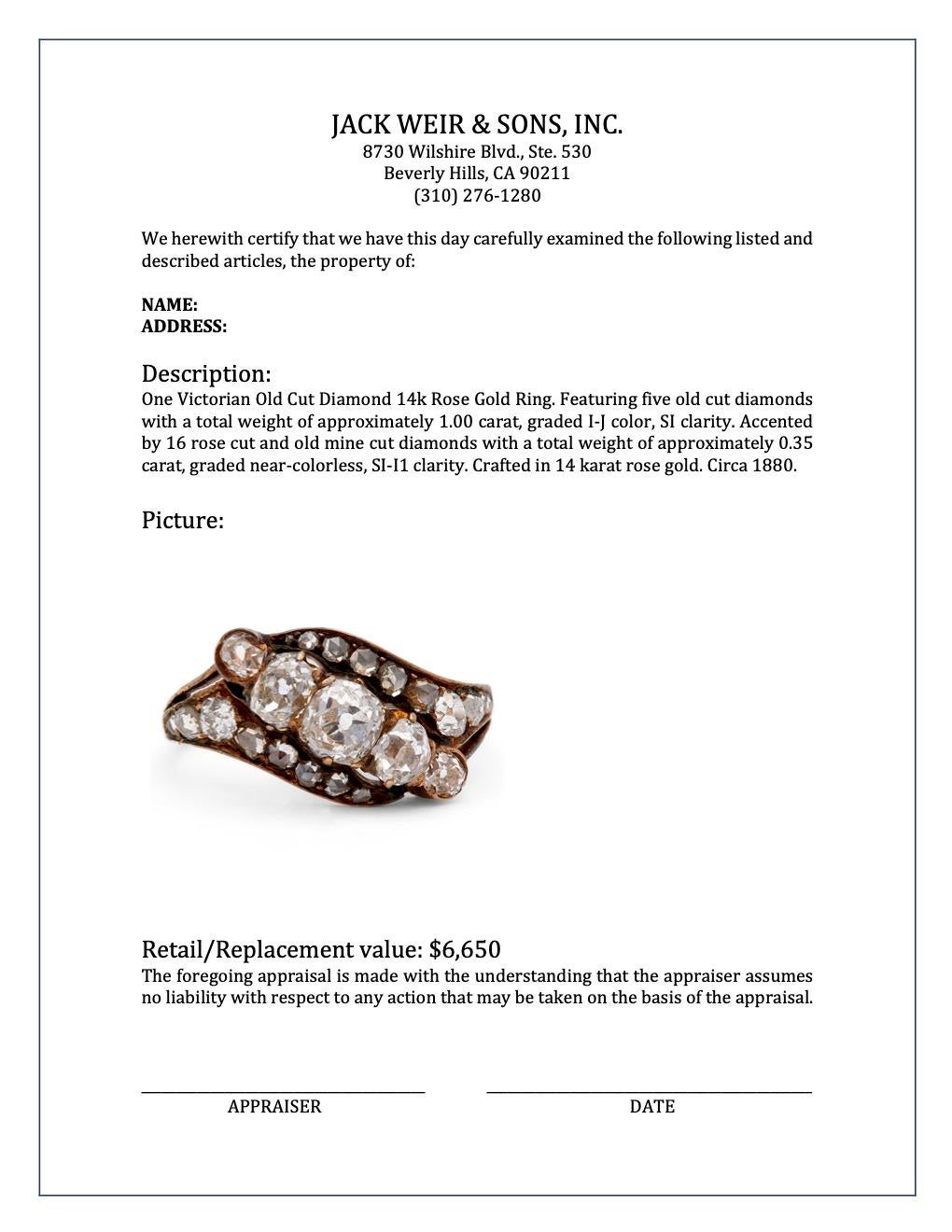 Women's or Men's Victorian Old Cut Diamond 14k Rose Gold Ring