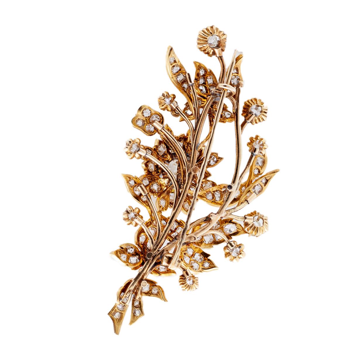 viktorianische Blumenstrauß-Brosche aus 14 Karat Gelbgold mit Diamant im Altschliff für Damen oder Herren im Angebot