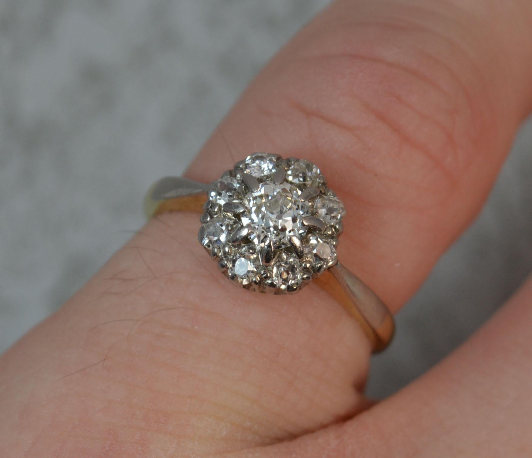 A superb late Victorian period cluster ring.
Solid 18 carat yellow gold shank and platinum cluster head and shoulders.
Cluster comprises of a larger old cut diamond of approx 0.35cts and a further 8 smaller old cut diamonds surrounding. 0.7ct total.