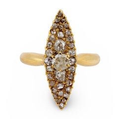 Victorian old cut diamond 18k yellow gold Navette ring