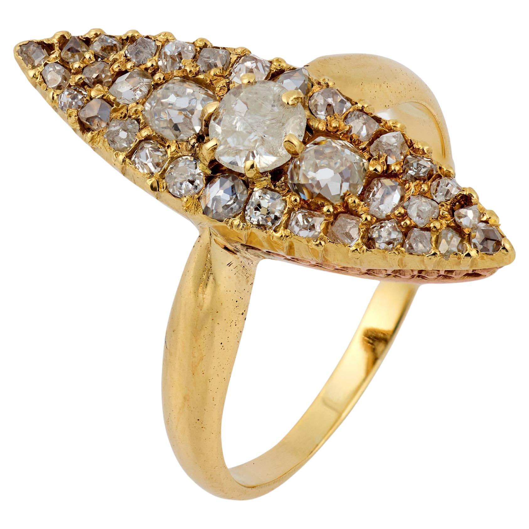 Victorian old cut diamond 18k yellow gold Navette ring For Sale