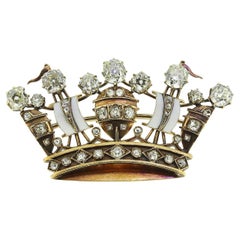 Victorian Old Cut Diamond and Enamel Crown Brooch