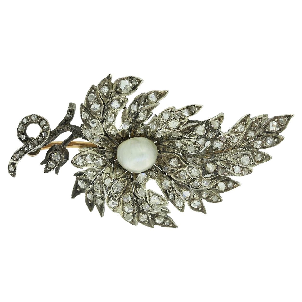 Victorian Old Cut Diamond and Natural Pearl Flower Brooch