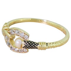 Antique Victorian Old Cut Diamond and Pearl Equine Ring