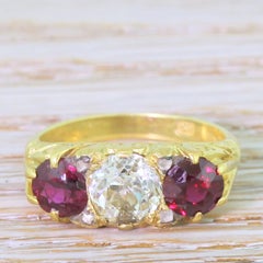 Victorian Old Cut Diamond and Ruby Carved Trilogy Ring