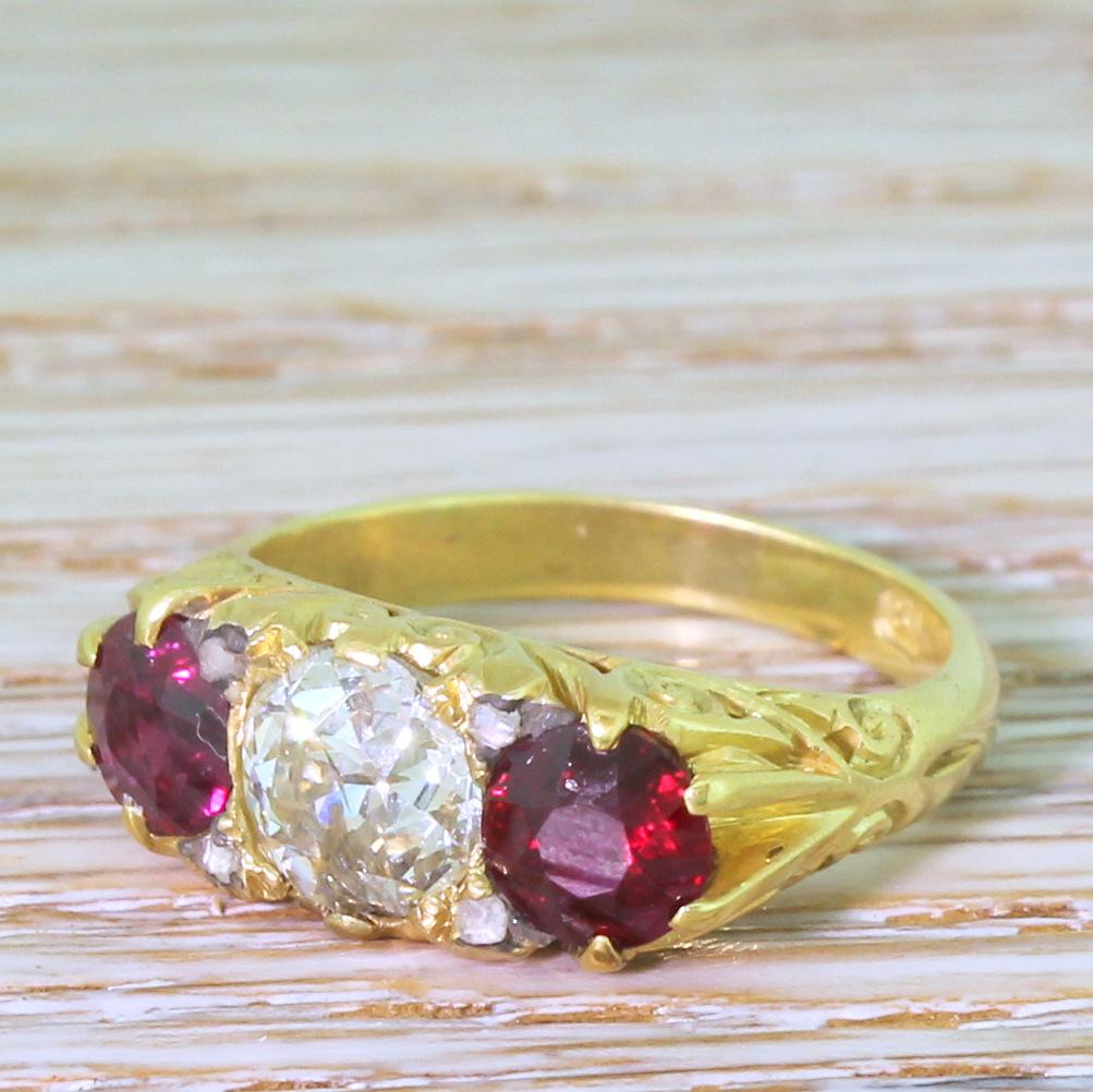 Victorian Old Cut Diamond and Ruby Carved Trilogy Ring In Good Condition For Sale In Essex, GB