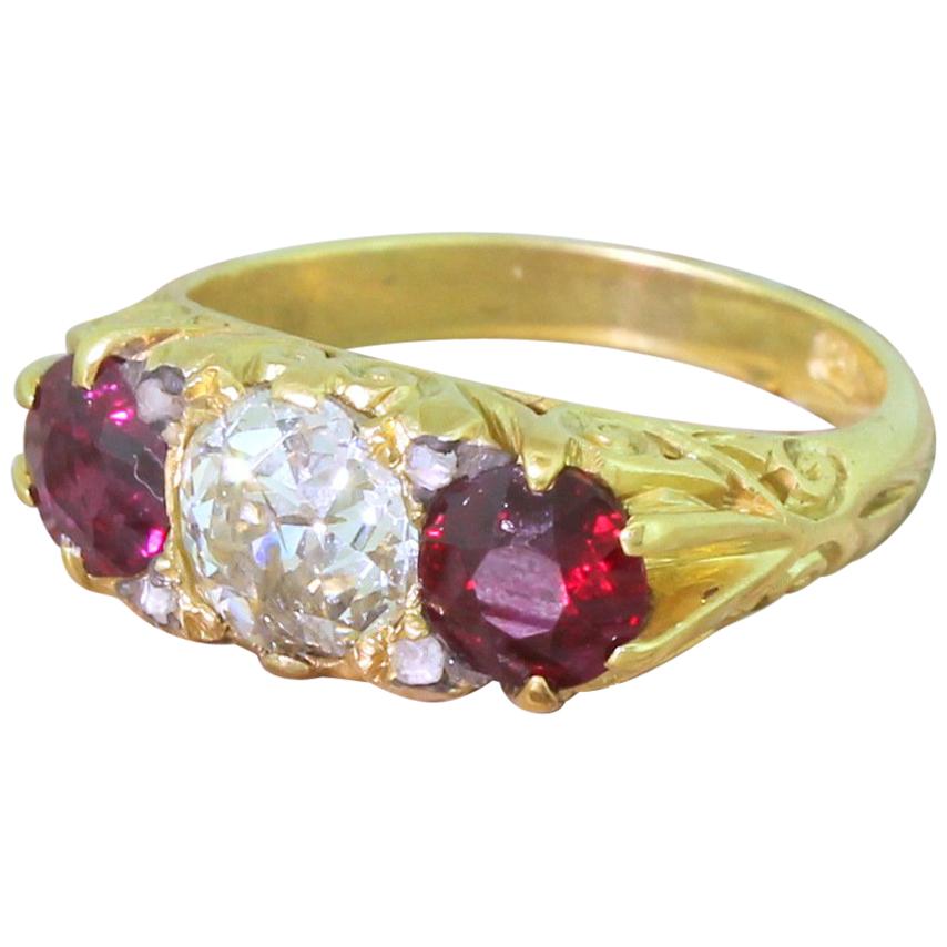 Victorian Old Cut Diamond and Ruby Carved Trilogy Ring For Sale