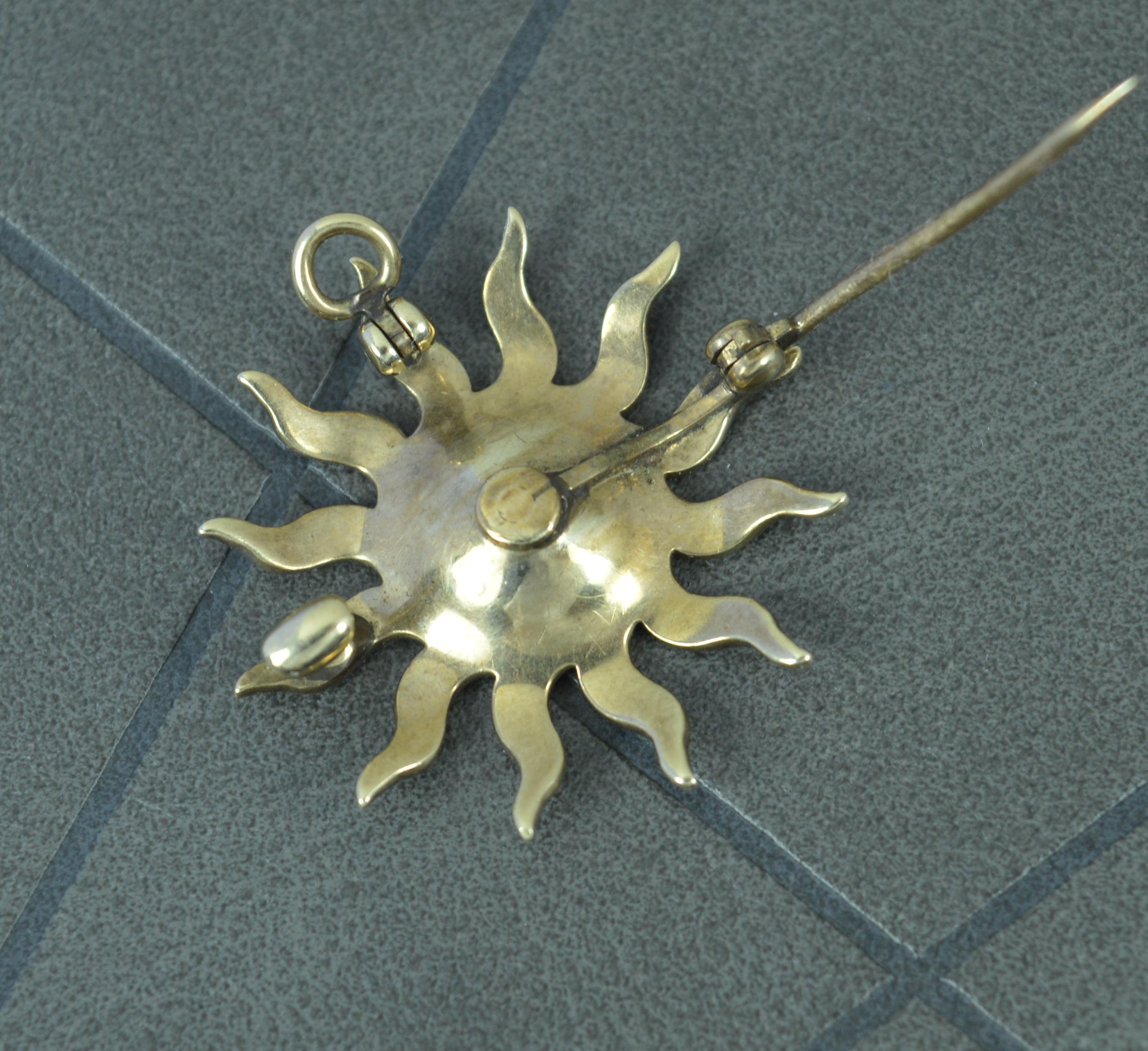 Victorian Old Cut Diamant und Seed Pearl 9ct Gold Star Sun Brosche Anhänger Damen im Angebot