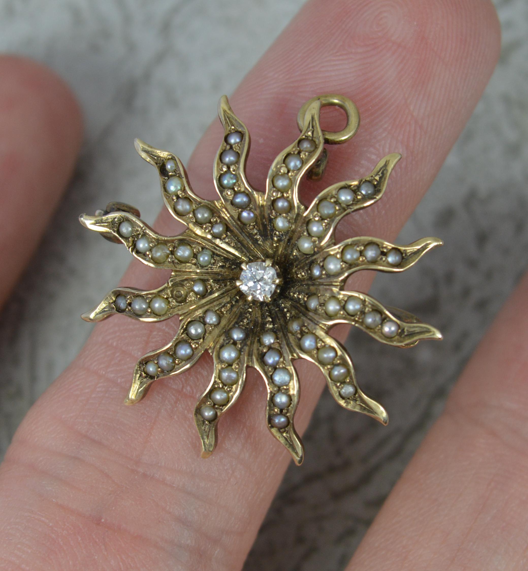 Victorian Old Cut Diamond and Seed Pearl 9ct Gold Star Sun Brooch Pendant In Good Condition In St Helens, GB