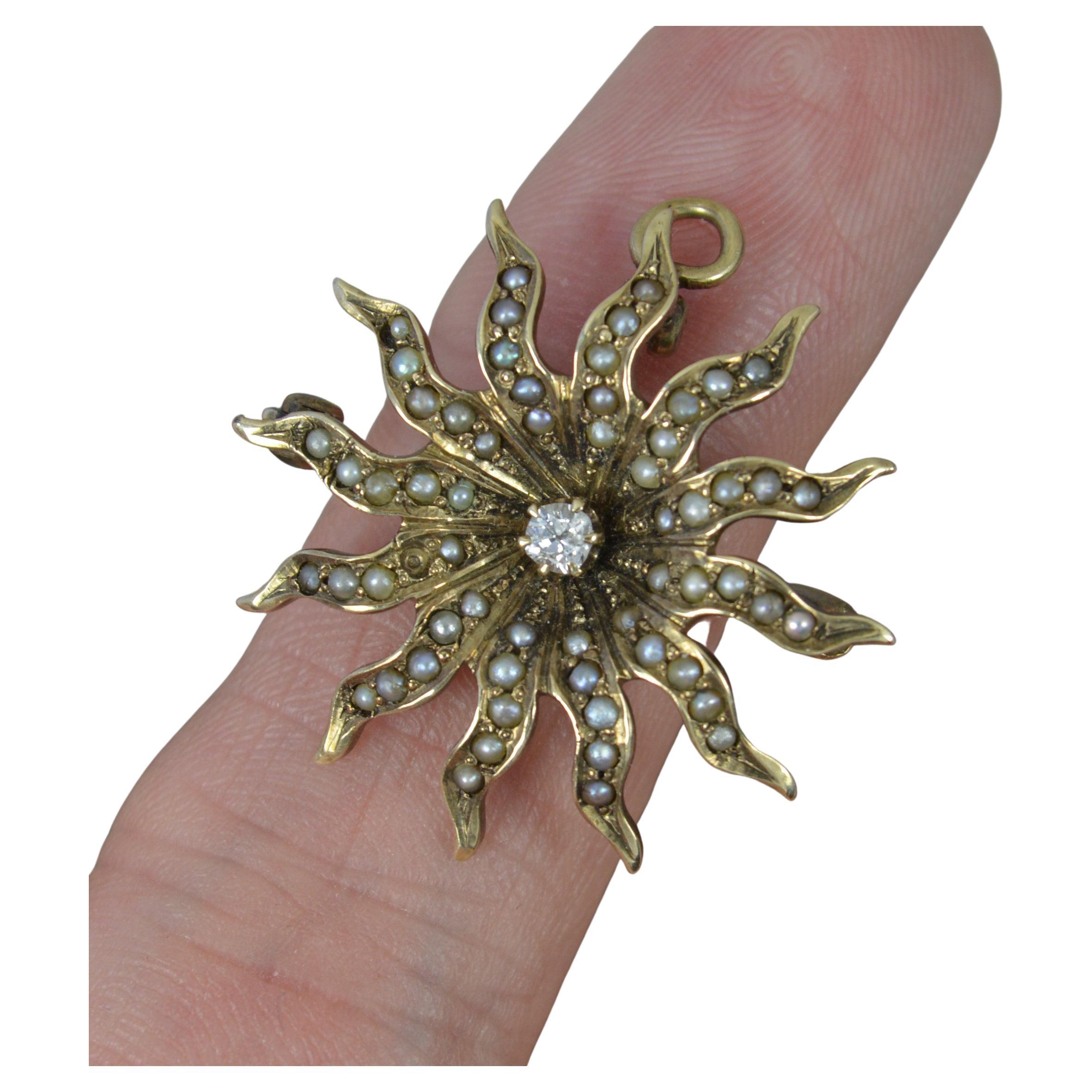 Victorian Old Cut Diamond and Seed Pearl 9ct Gold Star Sun Brooch Pendant