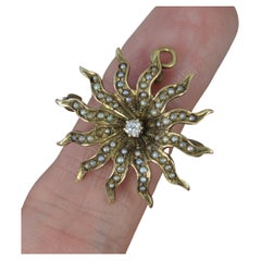 Vintage Victorian Old Cut Diamond and Seed Pearl 9ct Gold Star Sun Brooch Pendant