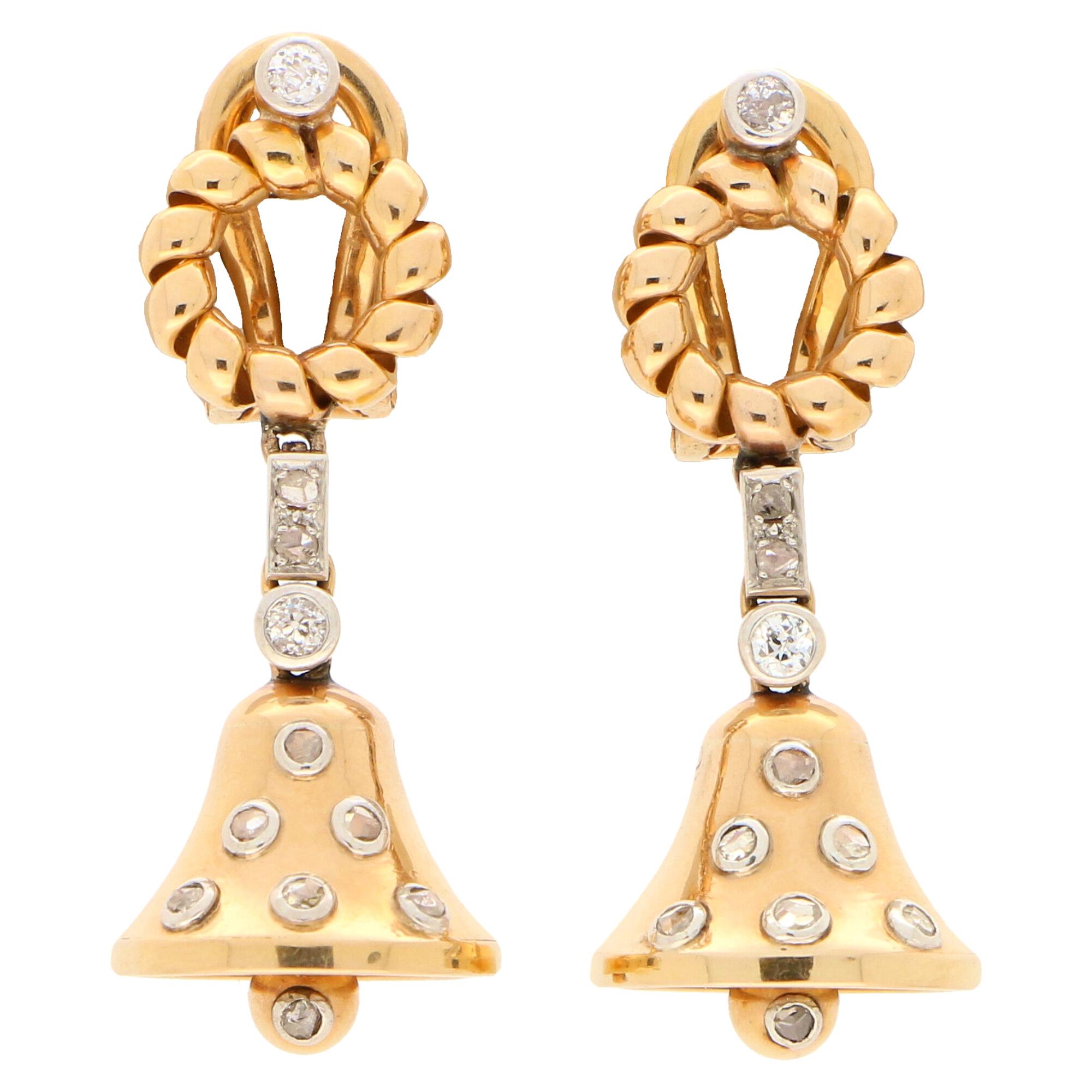 Victorian Old Cut Diamond Bell Drop Earrings Set in 18 Karat Rose and White Gold